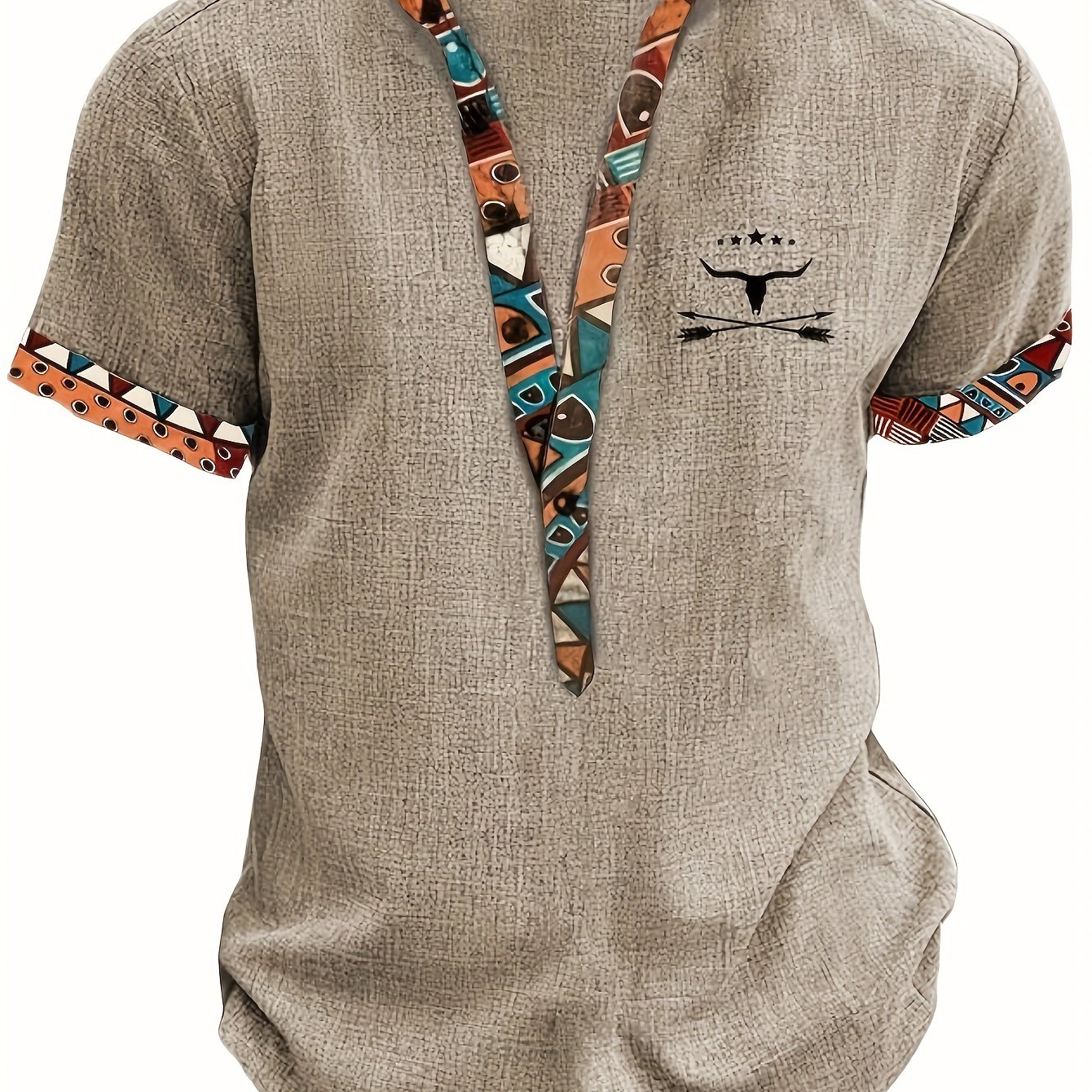 Image of Men's Fashion New Special Fabric Contrast Design Stiff Skin-friendly Material Small Stand Collar 2/1 Half-open Cardigan Casual All-match Outing Commuting Hawaiian Style Summer New Short-sleeve Shirt