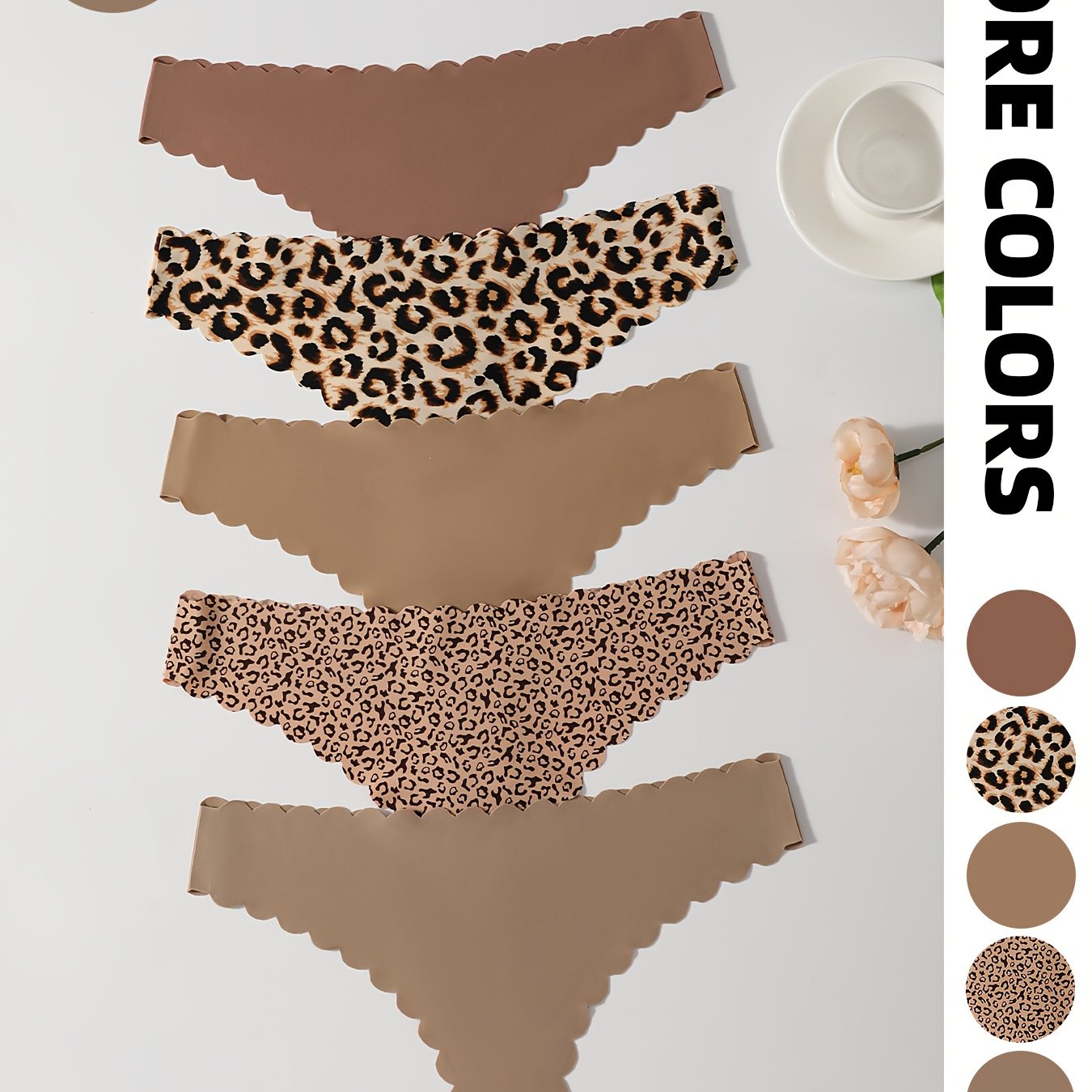 TEMU Set Of 5 Seamless Low-rise Thongs In Solid Colors And Random Leopard Print Patterns, Featuring A With Fan-shaped Wavy Decorative Triangles,