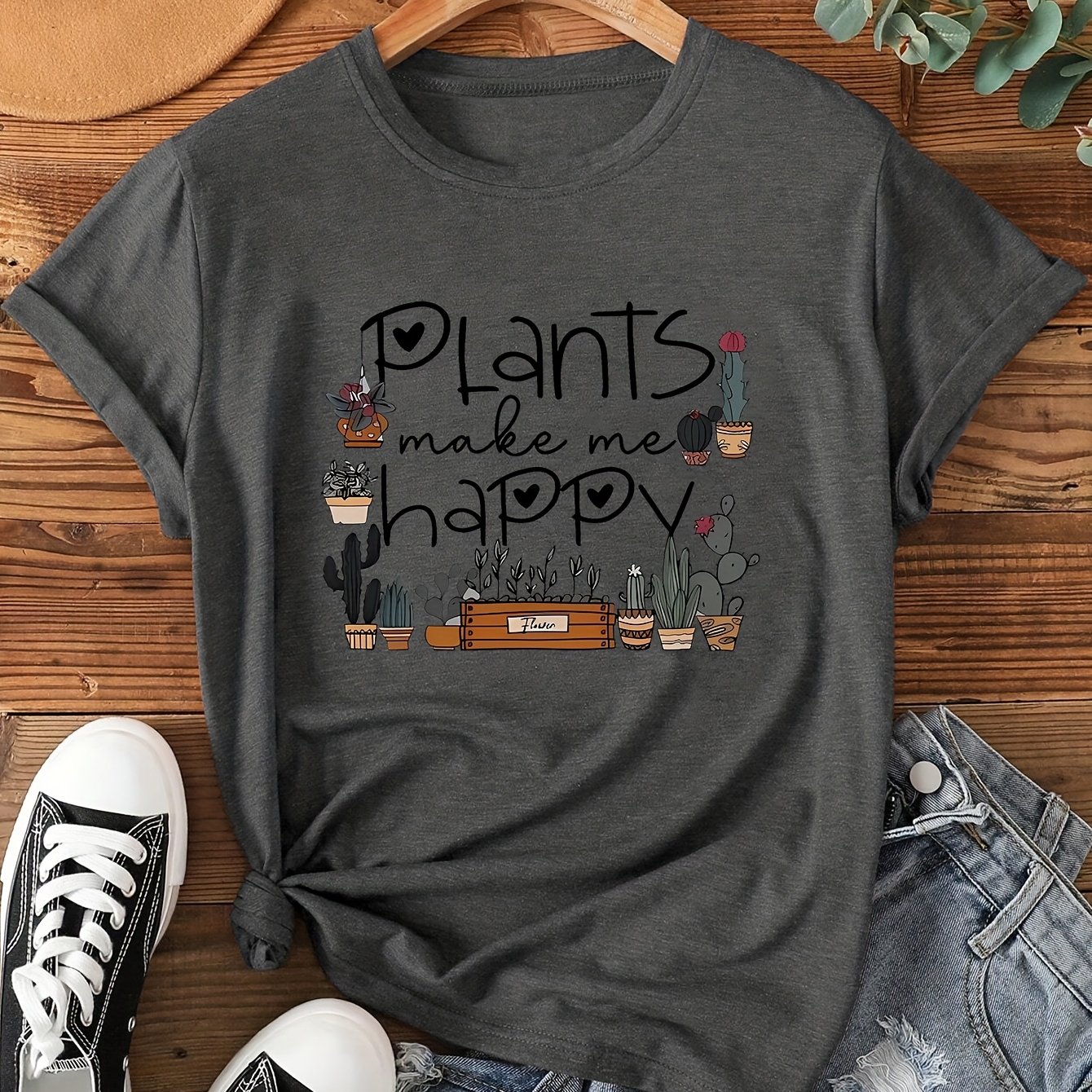 TEMU Women's "plants Happy" Cactus & Succulent T-shirt - Round Neck Short Sleeve Top, Machine Washable, , Sizes S-xxl In Teal & More, Spring Summer