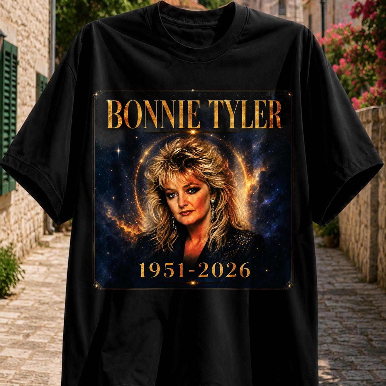 Image of 1951-2026 Graphic Singer Portrait With Golden Name And Ring Background Dramatic Memorial Style Unisex All T-shirt