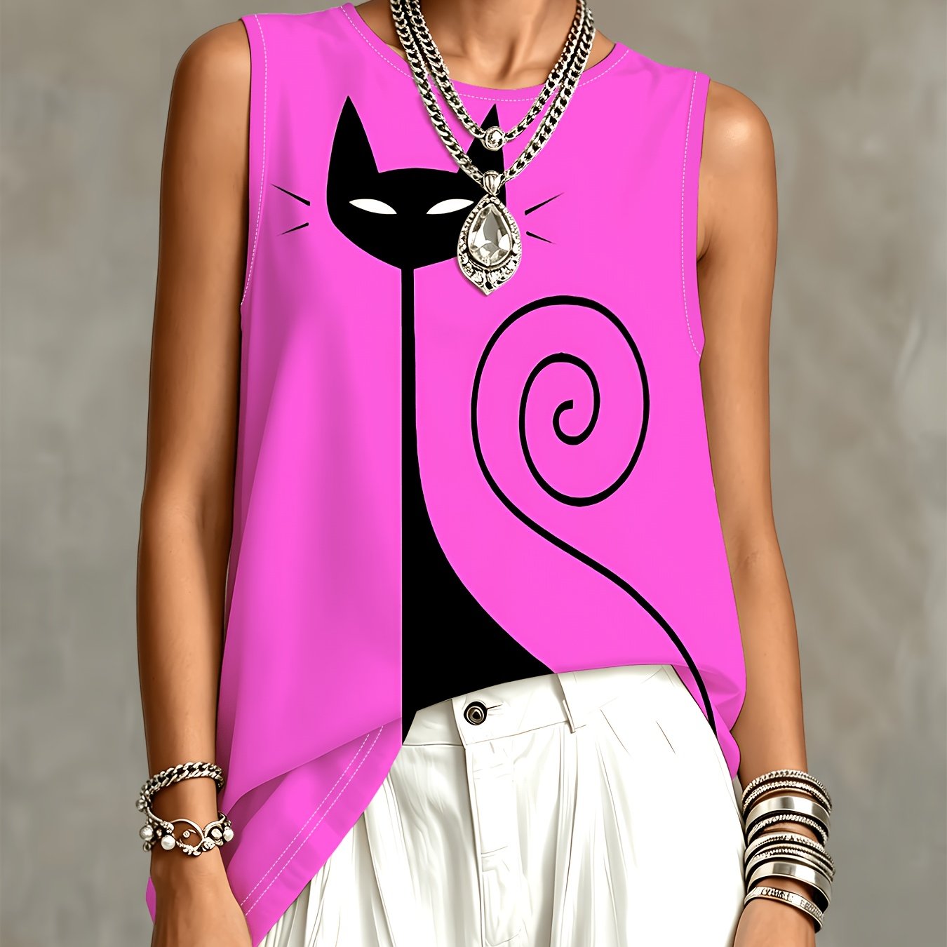 TEMU Pink Kitten Pattern Sleeveless Vest Women's Summer Loose Casual Top Trendy Fashion Item