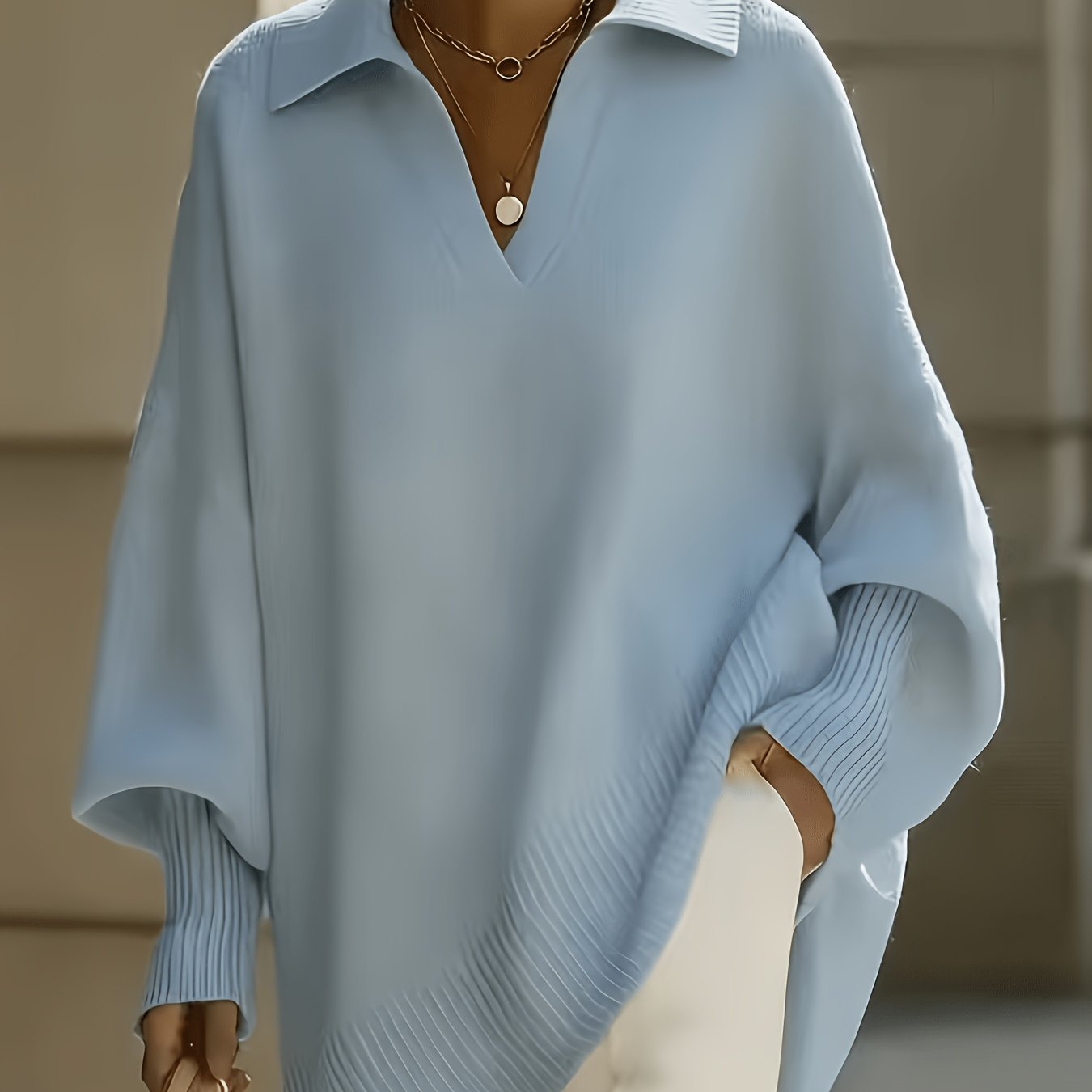 TEMU Plus Size - French Lapel V-neck Loose Sweater Women's Autumn Winter --covering Oversized Off-shoulder Long Sleeve Irregular Mid-length Top