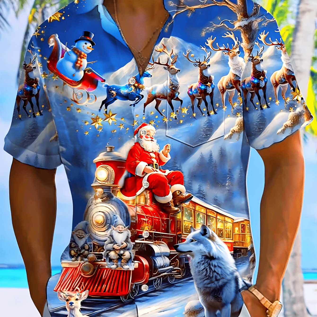 TEMU Christmas Santa Claus Print Men's Plus Size Button Pocket Short Sleeve Shirt, Plus Size