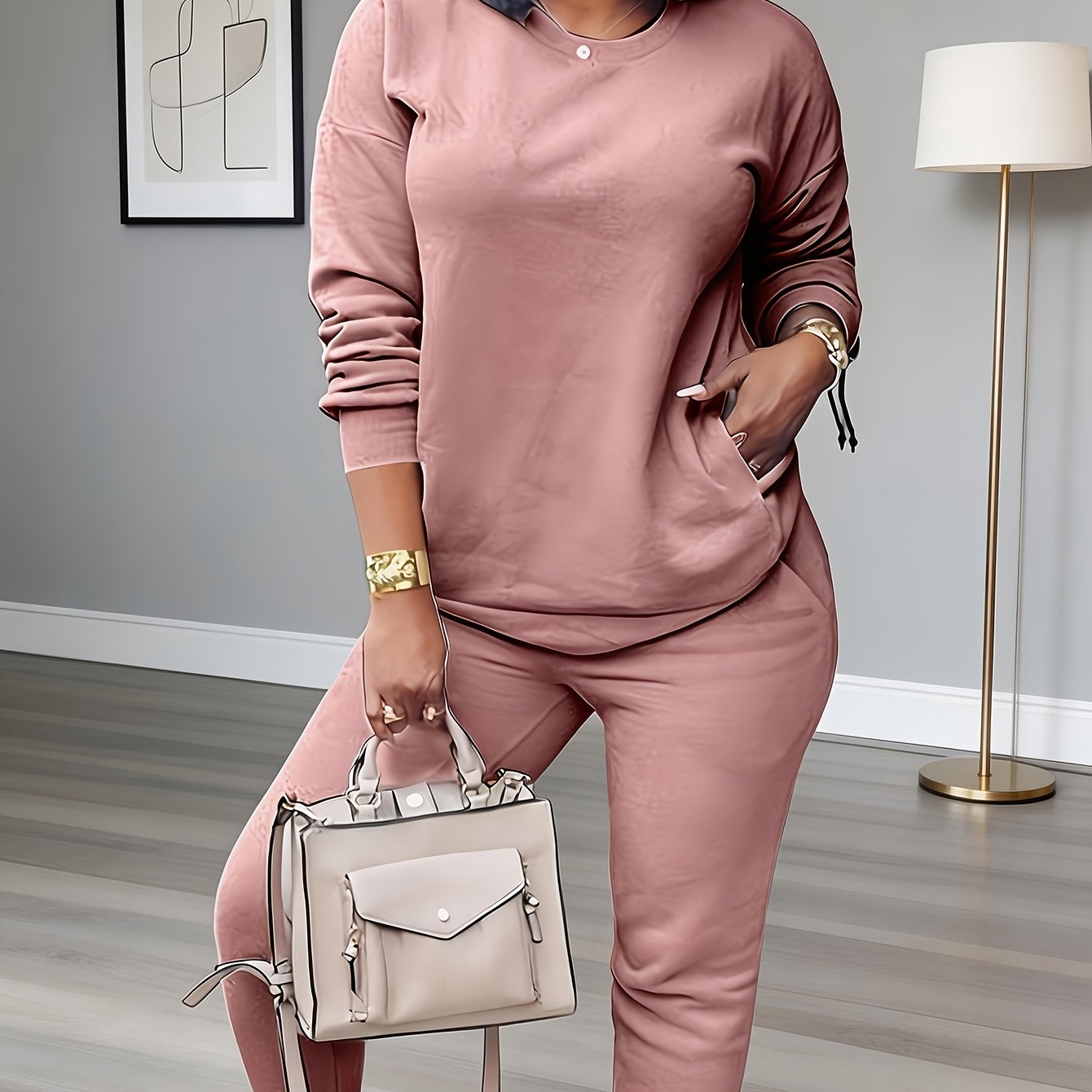 TEMU Conjunto de Pantalones y Camisa de Larga Casual para Mujer en Color Sólido