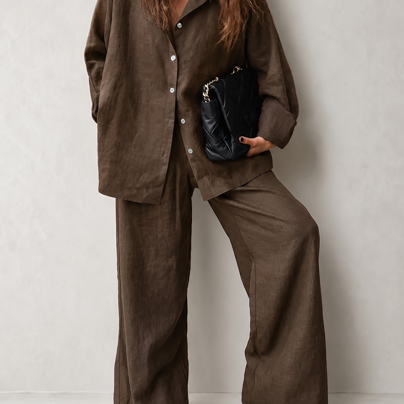 TEMU Women's Loose Casual Vacation Suit With Lapel Shirt And High-waist Wide-leg Pants 2pcs Set