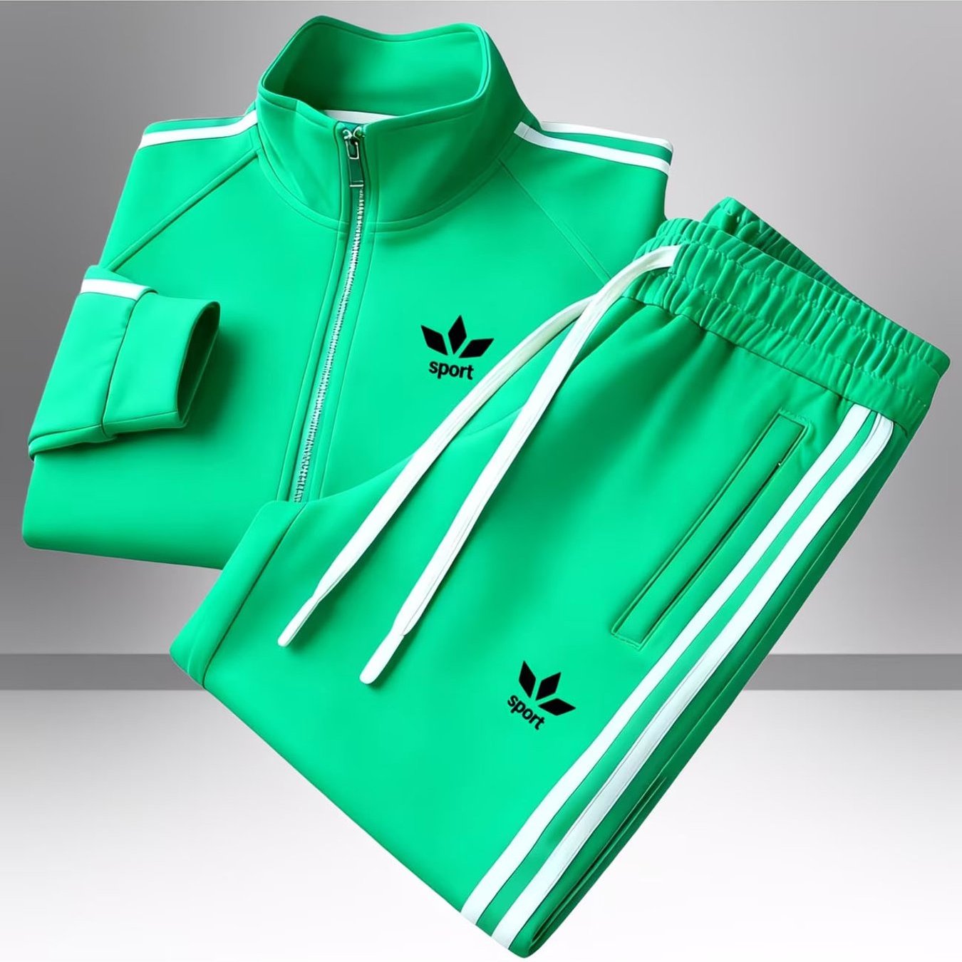 Green Athletic Tracksuit For Men Featuring A Collar Jacket And Drawstring Pants, With A And Stripe Accents, Perfect For Casual Sportswear And