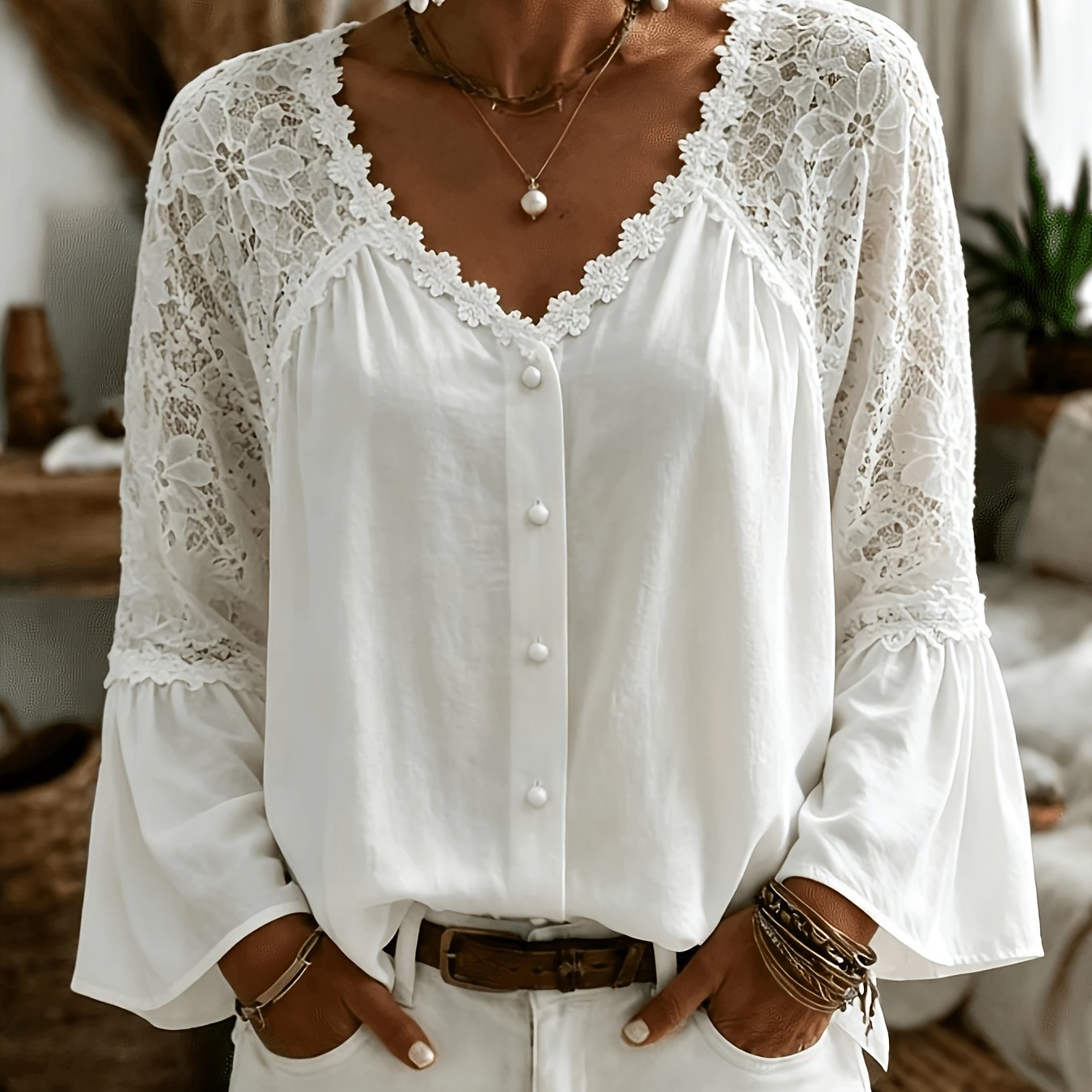 TEMU à col en V et manches , patchwork de dentelle, haut de style vacances pour femmes