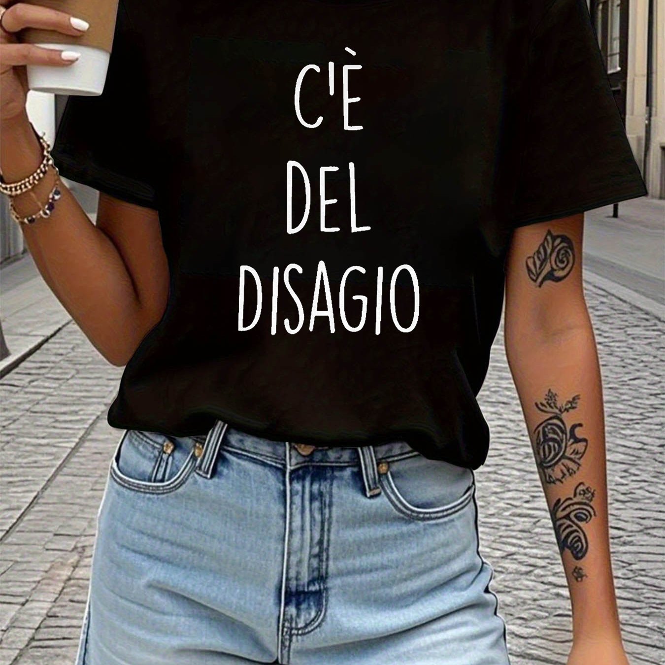 TEMU T-shirt con stampa di lettere "C'e Del Disagio", maglietta casual a maniche corte e per estate e , abbigliamento da donna