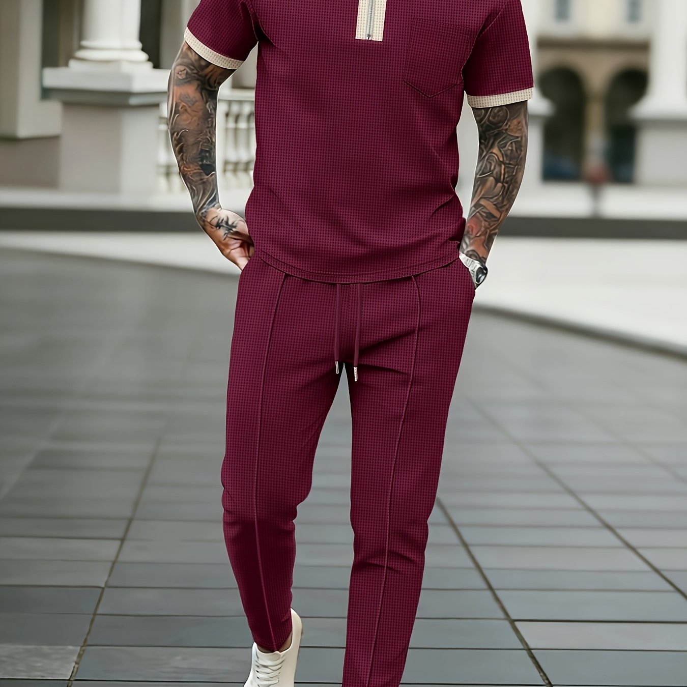 TEMU Men's 2pcs Waffle Knit Outfit, Short Sleeve Quarter Zip Shirt And Drawstring Pants, Casual Set
