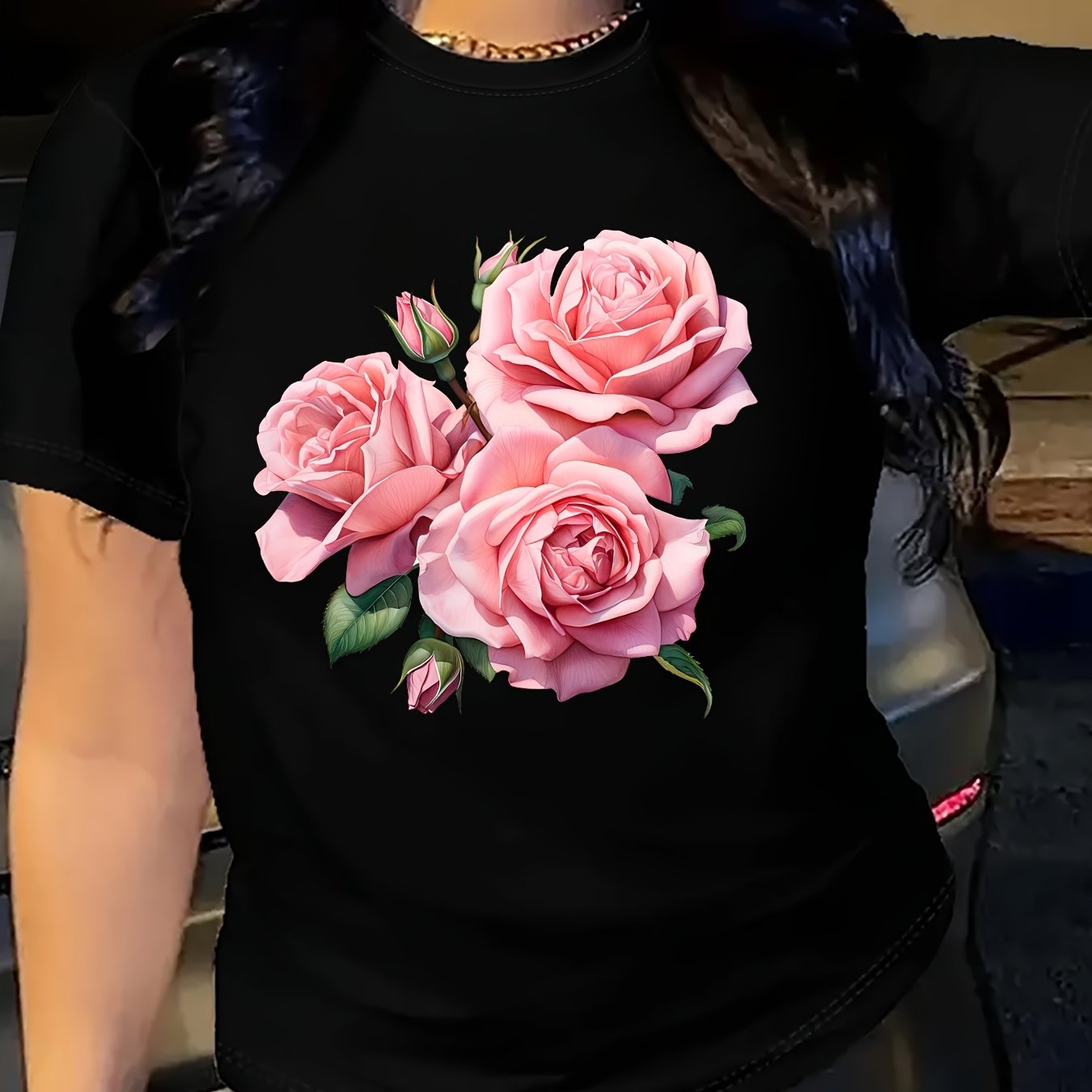 TEMU Women's Floral Print Short Sleeve T-shirt - Breathable & Comfortable, , Round Neck, Regular Length, Perfect For , Ladies T Shirts