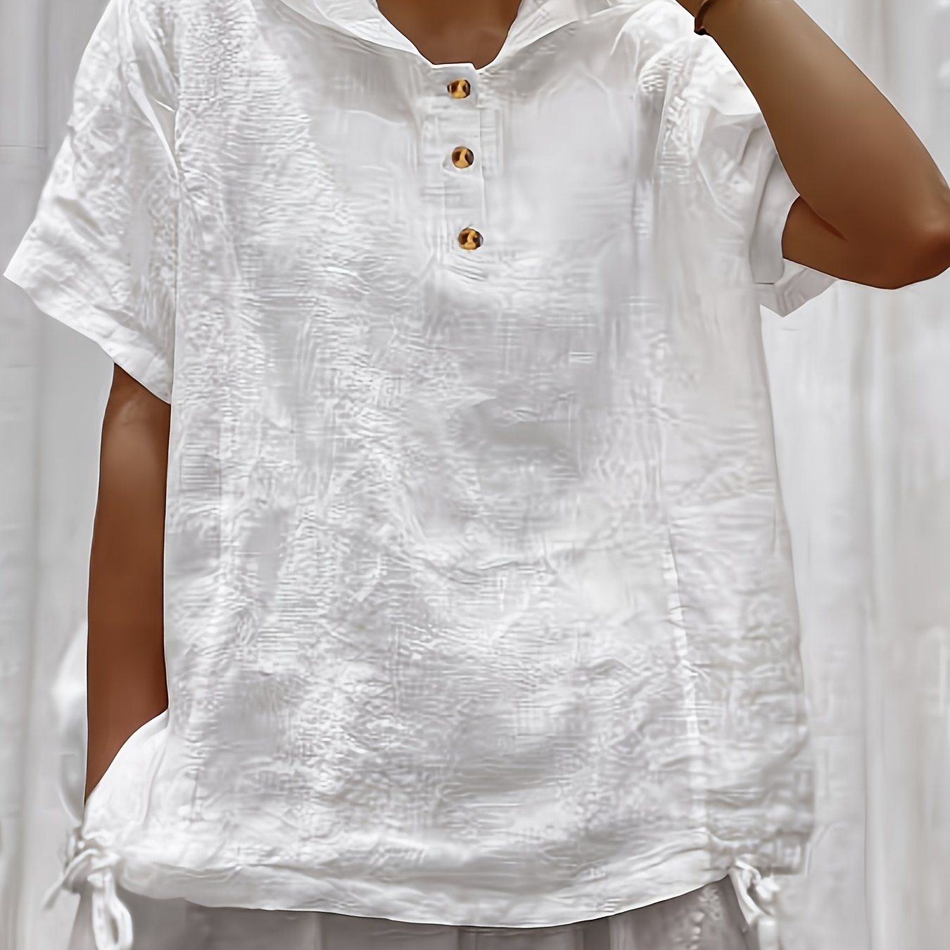 Plus Size - Plus Size - Retro Loose Solid Color Bohemian Hooded Sunscreen Short Sleeve Button-up Multi-scene Pullover, Elegant Solid Hooded Versatile T-shirt