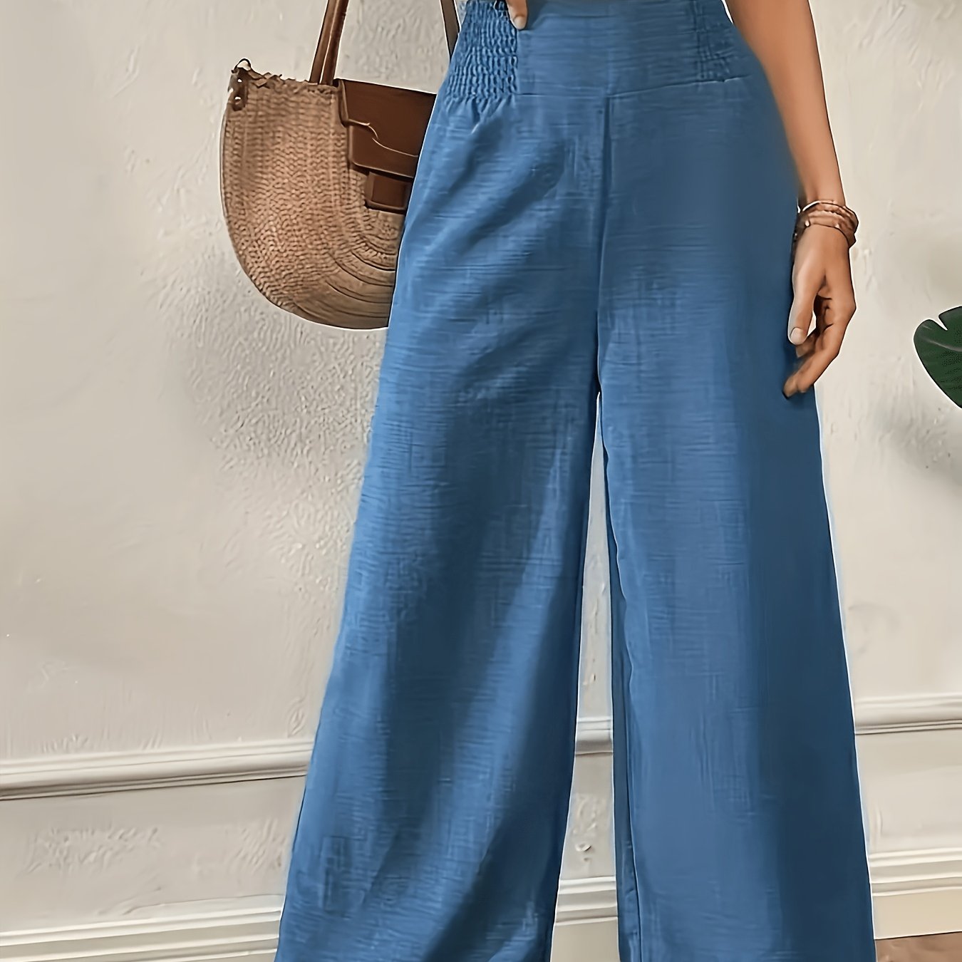 TEMU New Women's High-waist Wide-leg Pants, Elastic Waist Straight-leg Long Trousers, Elegant Wide-leg Trousers Suitable For Casual And Formal