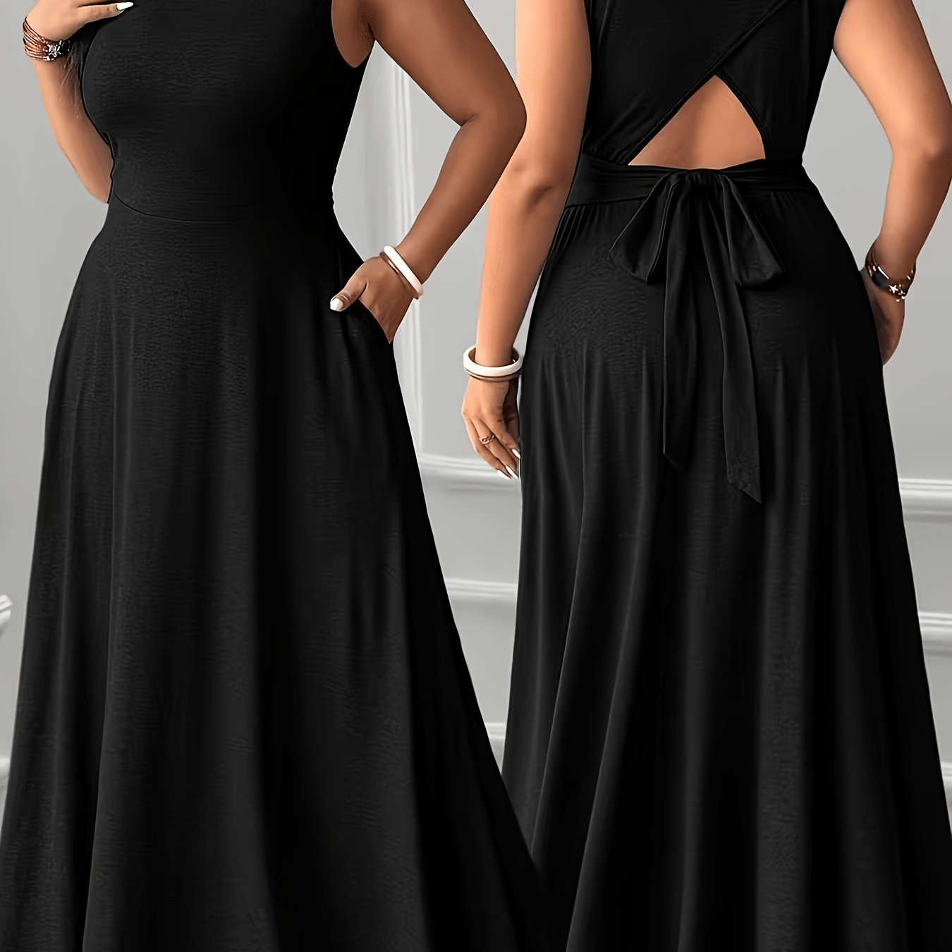 TEMU Plus Size, Plus Size Women's Elegant Solid Color Round Neck Tie-back Waist-cinching Pleated Maxi Dress - A Stretchy, Machine-washable,