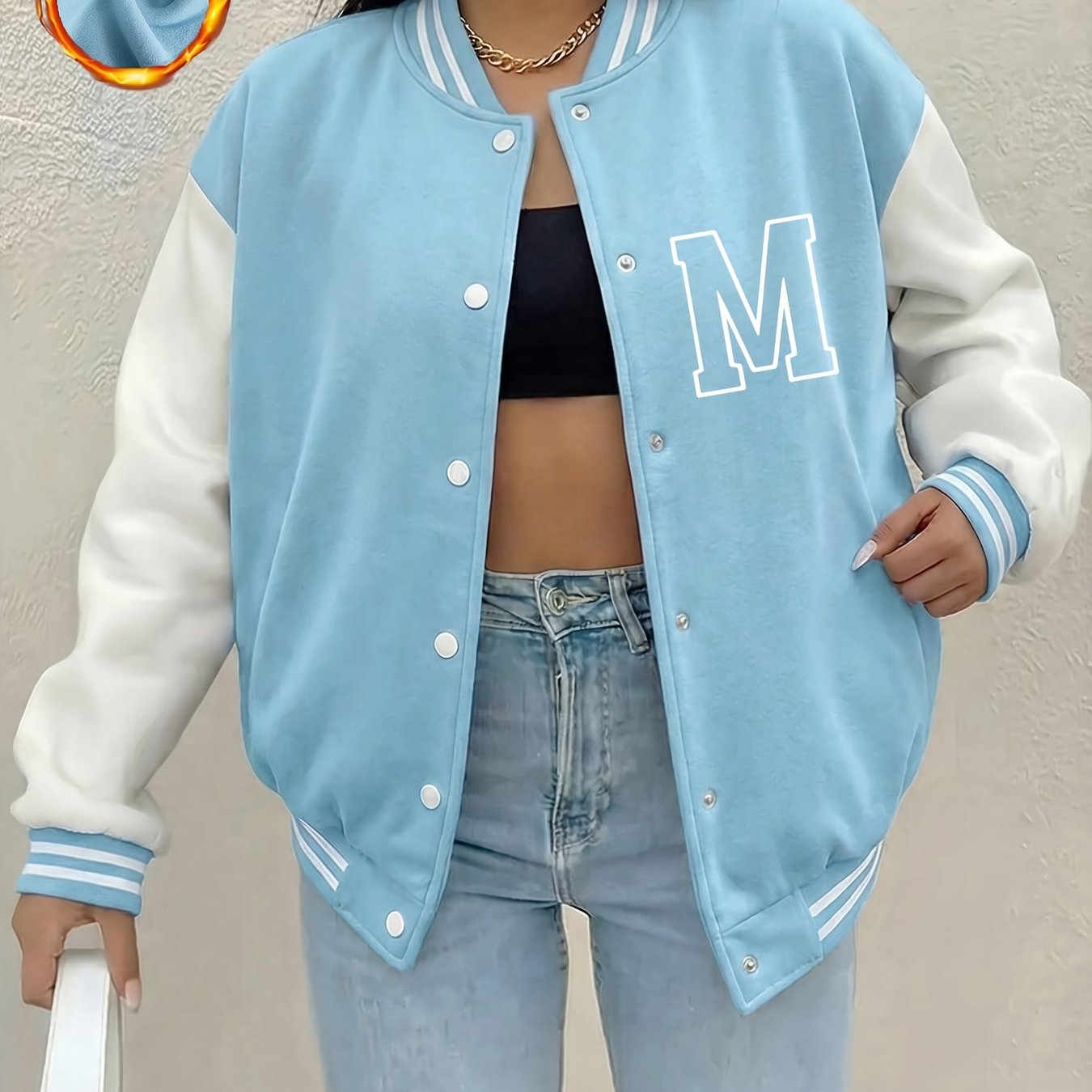 TEMU Large Letter M Pattern Printed Women's Fleece Baseball Jacket With Snap Buttons, Suitable For Casual Outdoor Sports Wear In Autumn And Winter,