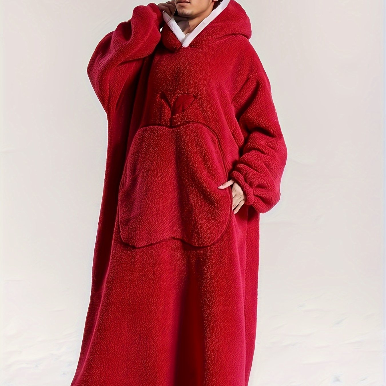 TEMU Cozy Oversized Red Hooded Fleece Robe For Men - , Breathable, Cozy Winter Loungewear With Pockets, Fall And Winter