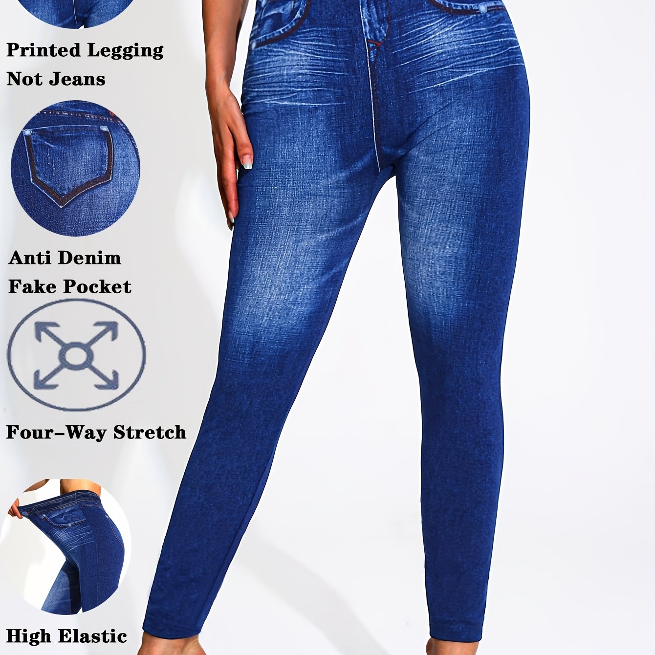 TEMU Pantalones estampados [tela mezclilla] Leggings de de mezclilla para mujer, elegantes y de moda, pantalones de color liso, mallas estampadas con