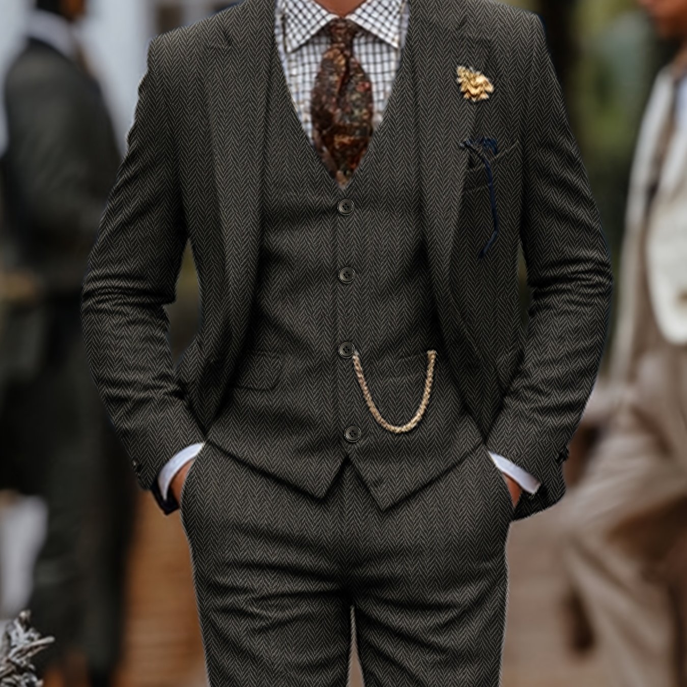 TEMU Men's 3pcs Wool Blend Herringbone Western Vintage Favors Wedding Suit For Formal Events, Work, Business, And Parties - Elegant Vintage Suit