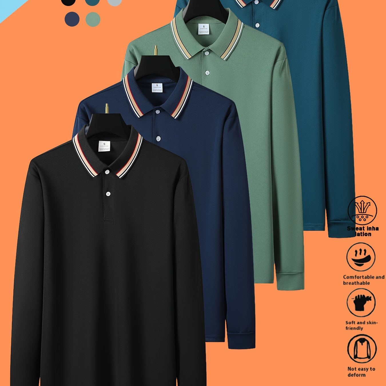 TEMU 4pcs Spring And Autumn Collar Men's Long Sleeved Shirt With Striped Multicolor Shirt Casual . Very Suitable For Business, Travel, Work, Dating,