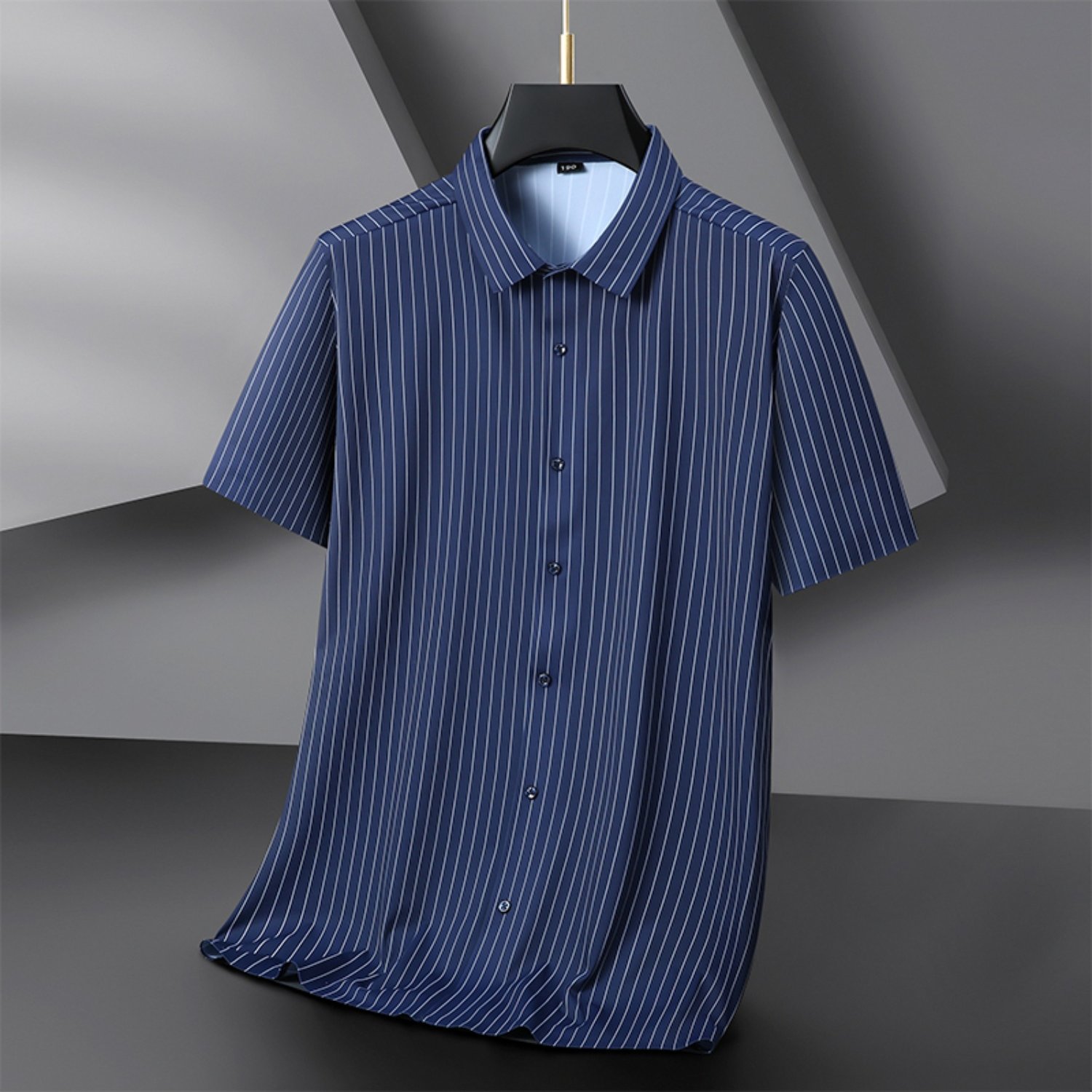 Image of New Large Size High-elastic Striped Shirt Business Casual Loose Fashion Summer Short Sleeve Shirt, Plus Size