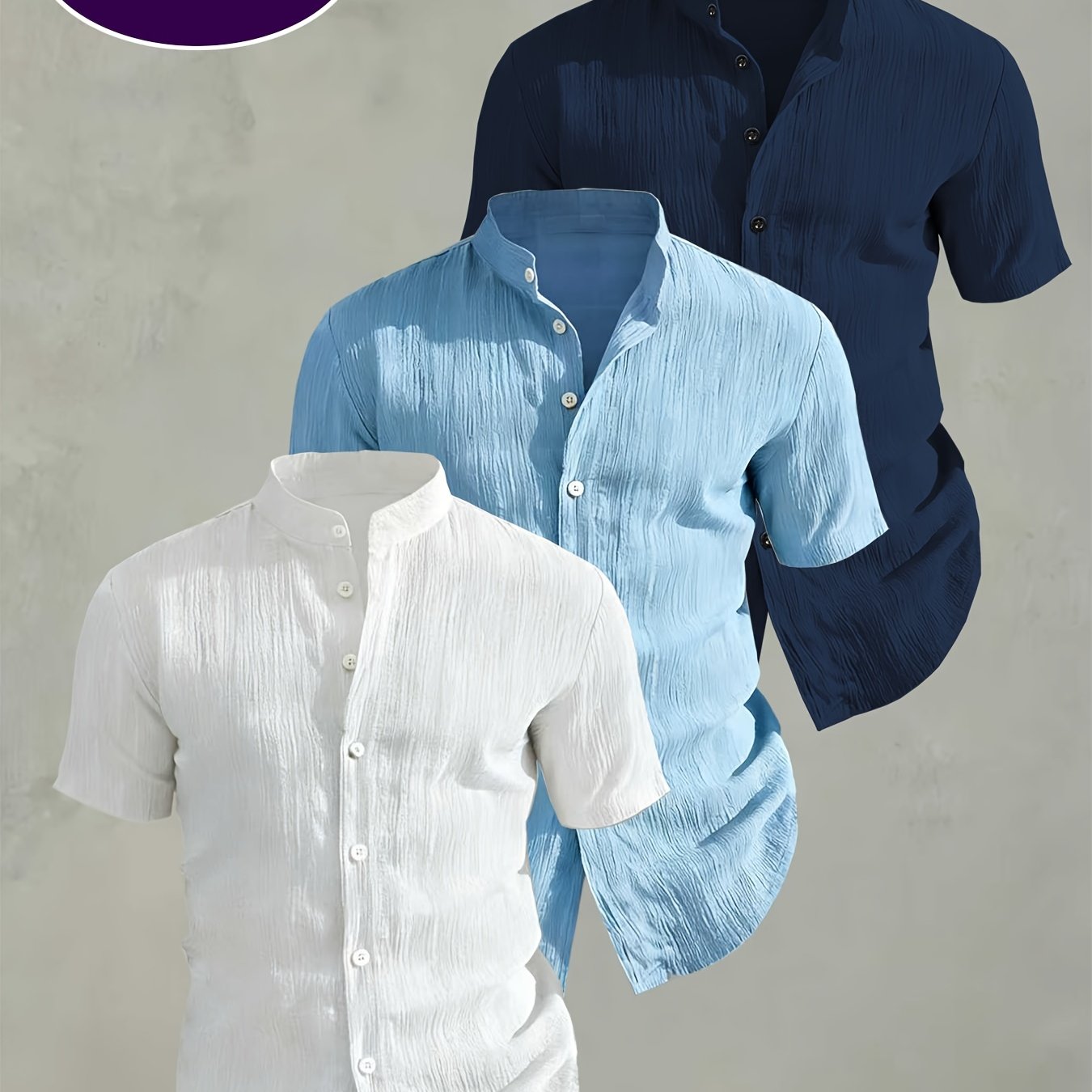 TEMU 3pcs Men's Summer Short-sleeve Shirt Set - Lightweight And Breathable Solid-color Button- Shirt With A Collar, Machine Washable, Suitable For