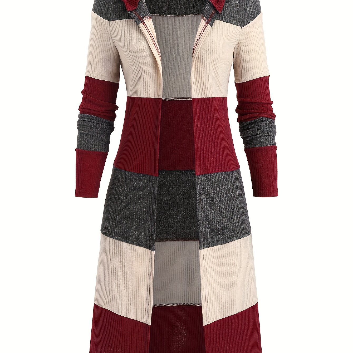 E-shop Plus Size, Plus Size Damen Herbst Winter Rippstrick Color Block Langarm Kapuzen Cardigan, Modische Lockere Warme Oberbekleidung