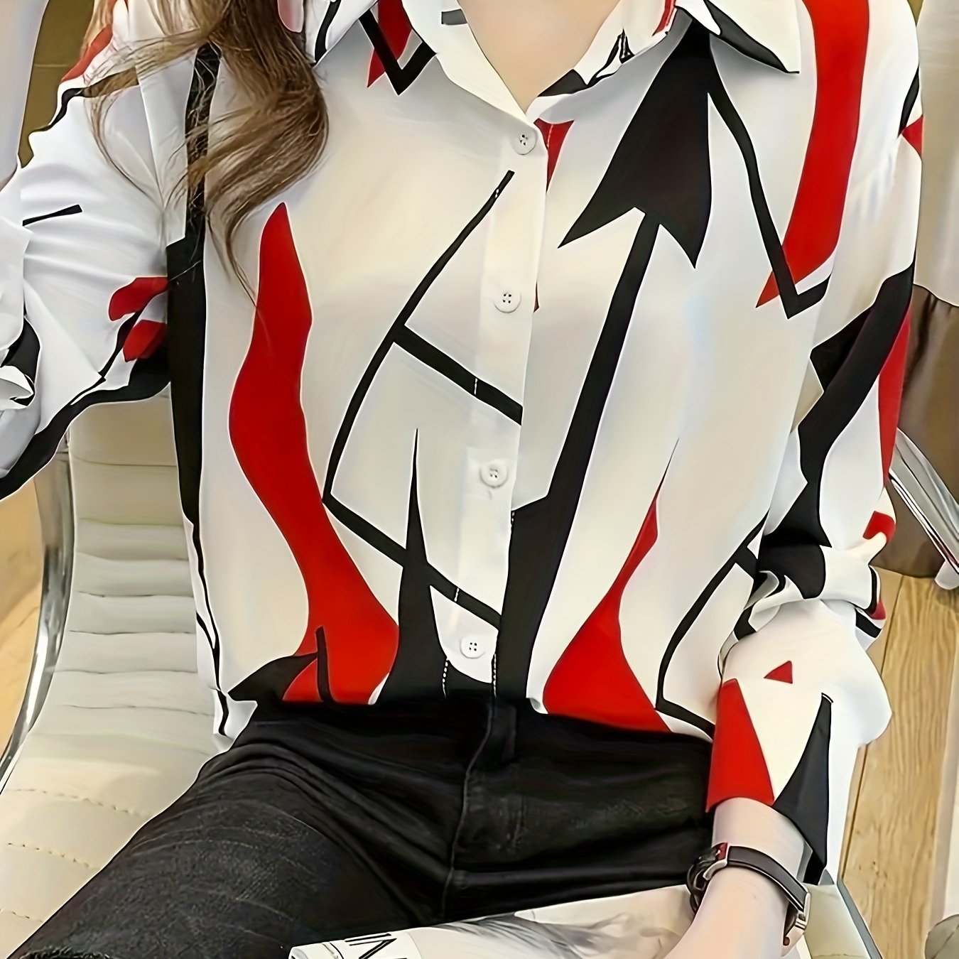 TEMU Women's Geometric Print Simple Shirt, Casual Button-front Long Sleeve Blouse Top "niannian"