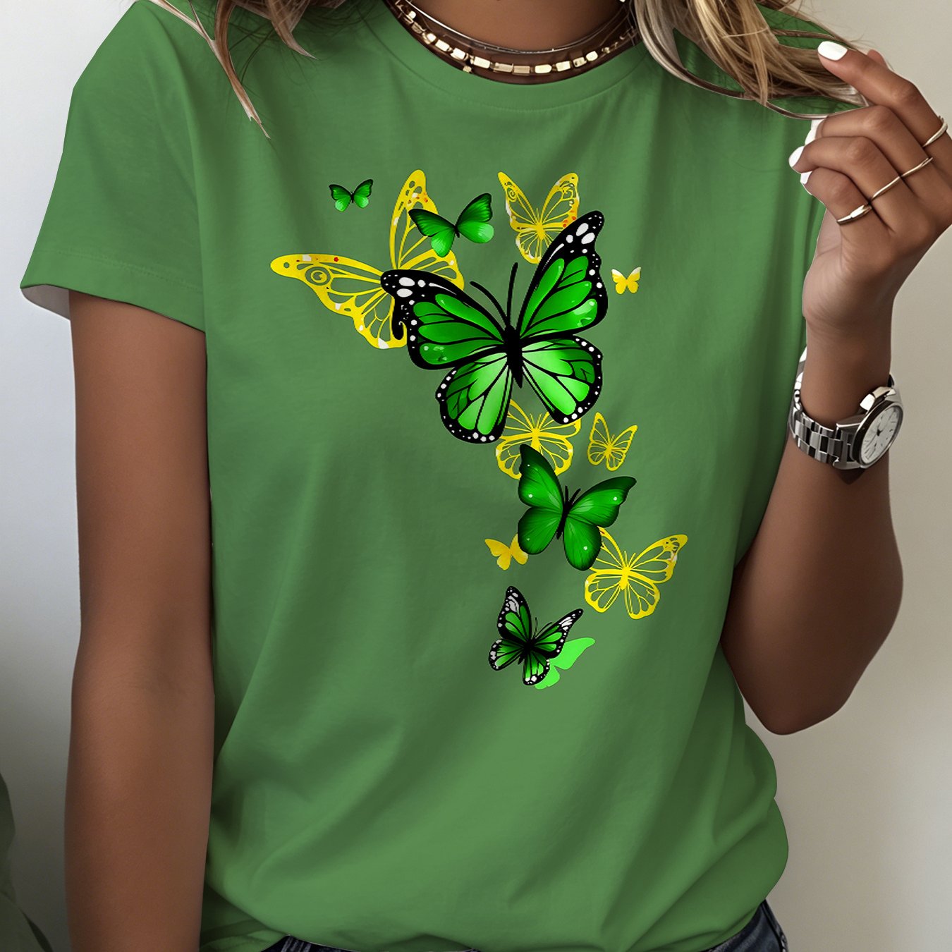 TEMU T-shirt femme motif papillon vert, haut décontracté à manches courtes, idéal pour du et les tenues décontractées