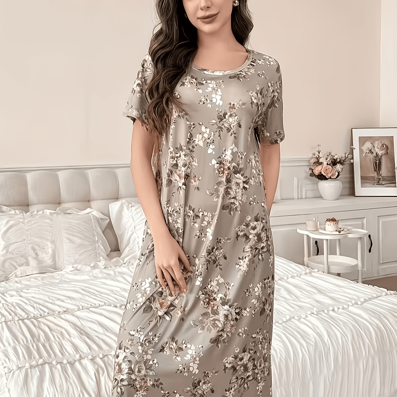 TEMU Women's Elegant Floral Print Short Sleeve Nightgown - Soft Mid-length Dress, Round Neck, Machine Washable - Spring/autumn/summer, Loose Fit, ,