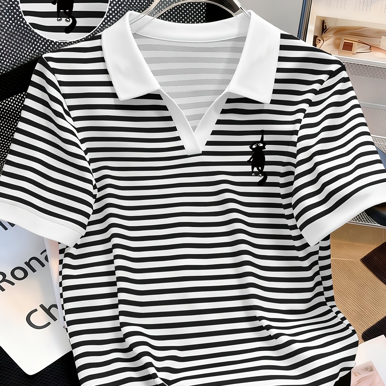 TEMU Plus Size, Cute Climbing Cat Pattern Print Fashion Stripe Shirt, Made Of Soft And Smooth Fabric, And Wrinkle-resistant, Featuring Collar, Casual