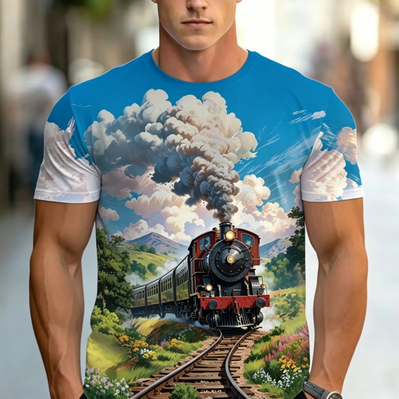 TEMU Men's Casual , Featuring A Of A Steam Train Passing Through Green Hills, Suitable For Hiking, Running, Fitness, And Casual Wear, Fashionable