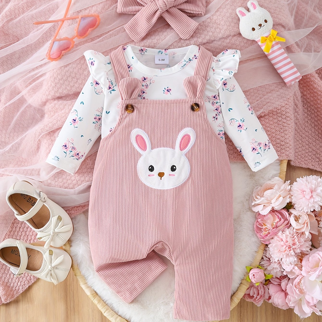 Image of Fashionable Girls' -over Floral Print Top + Corduroy Rabbit Overalls Set + Headscarf 3pcs Set, Perfect For Outdoor