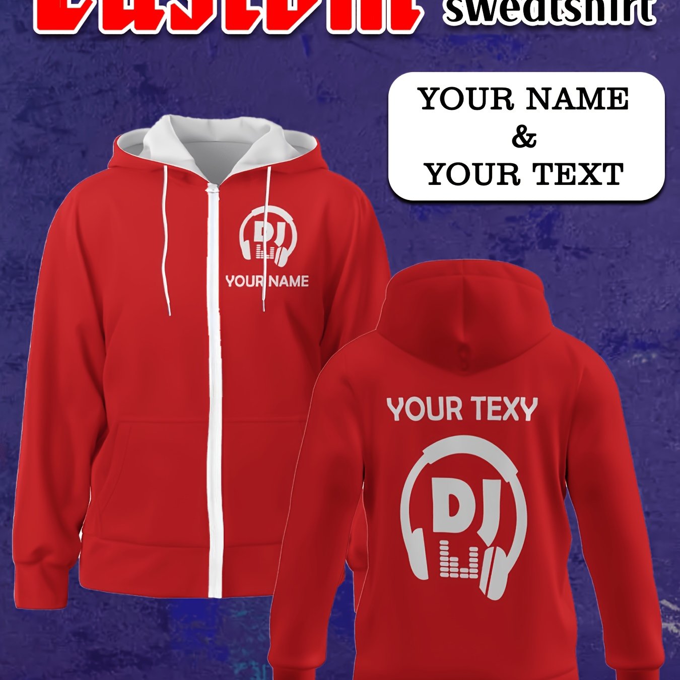 TEMU Men's Personalized Dj-themed Hooded Jacket With Custom Name/text & Music /dj Logo Back Print - Machine-washable Soft Zipper Hoodie Suitable For