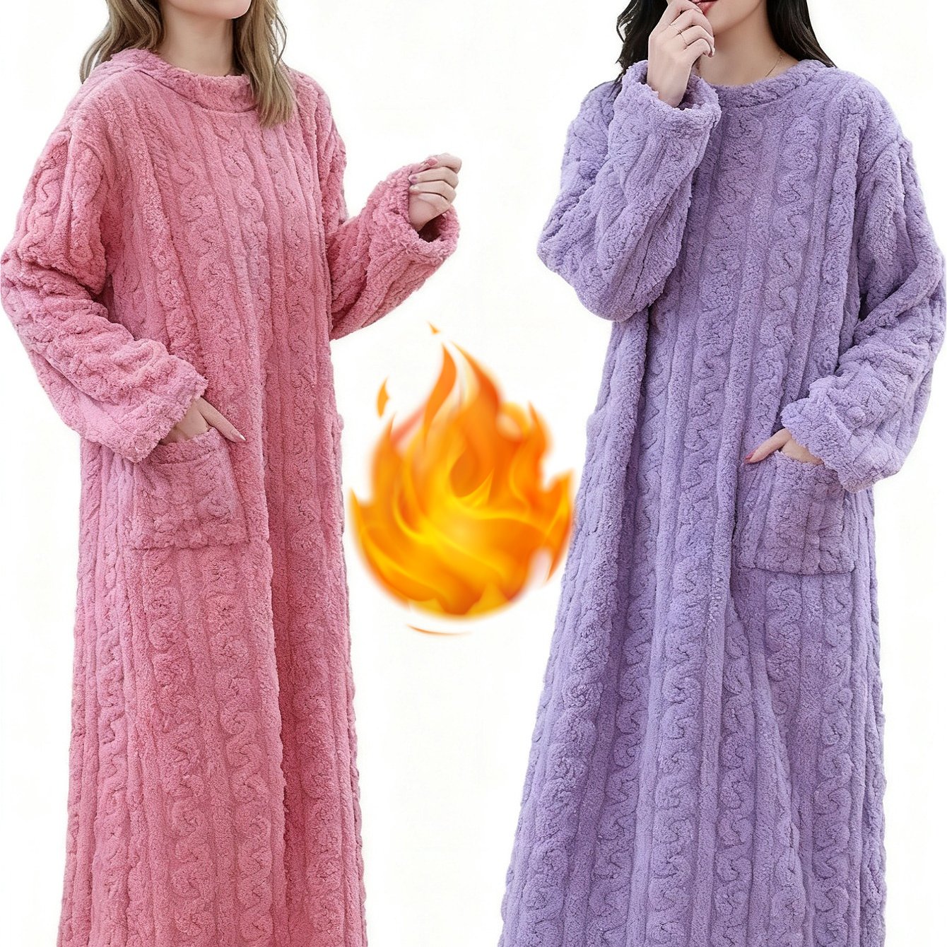 TEMU 2026 New Ymk 2 Set Long Plush Robe - Unisex, Twisted Texture With Big Pockets, Loose Fit, -lined Thickened For , Cute Casual Homewear For Fall &