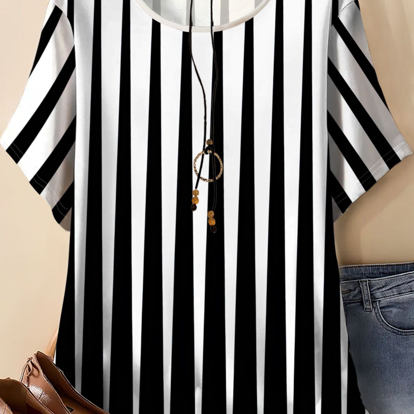 TEMU Plus Size Women's Black And White Striped Short Sleeve Top, Women's Round Neck Loose T-shirt, Fashionable Versatile Summer Casual Top