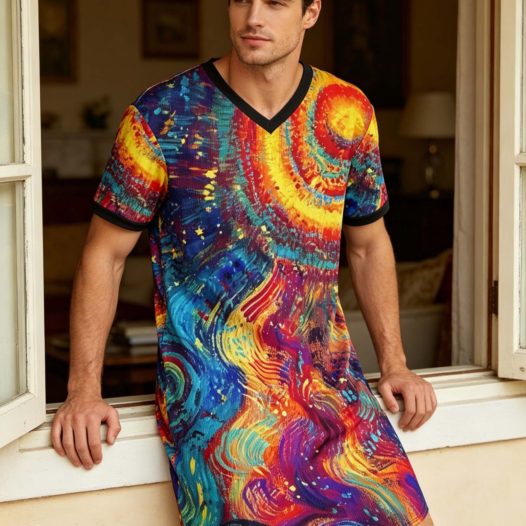 TEMU Van Gogh Style Colorful Oil Painting Print Men's V-neck Nightgown, Comfortable Loose Print Nightgown, Gift For Friend, Husband, Elders, Art