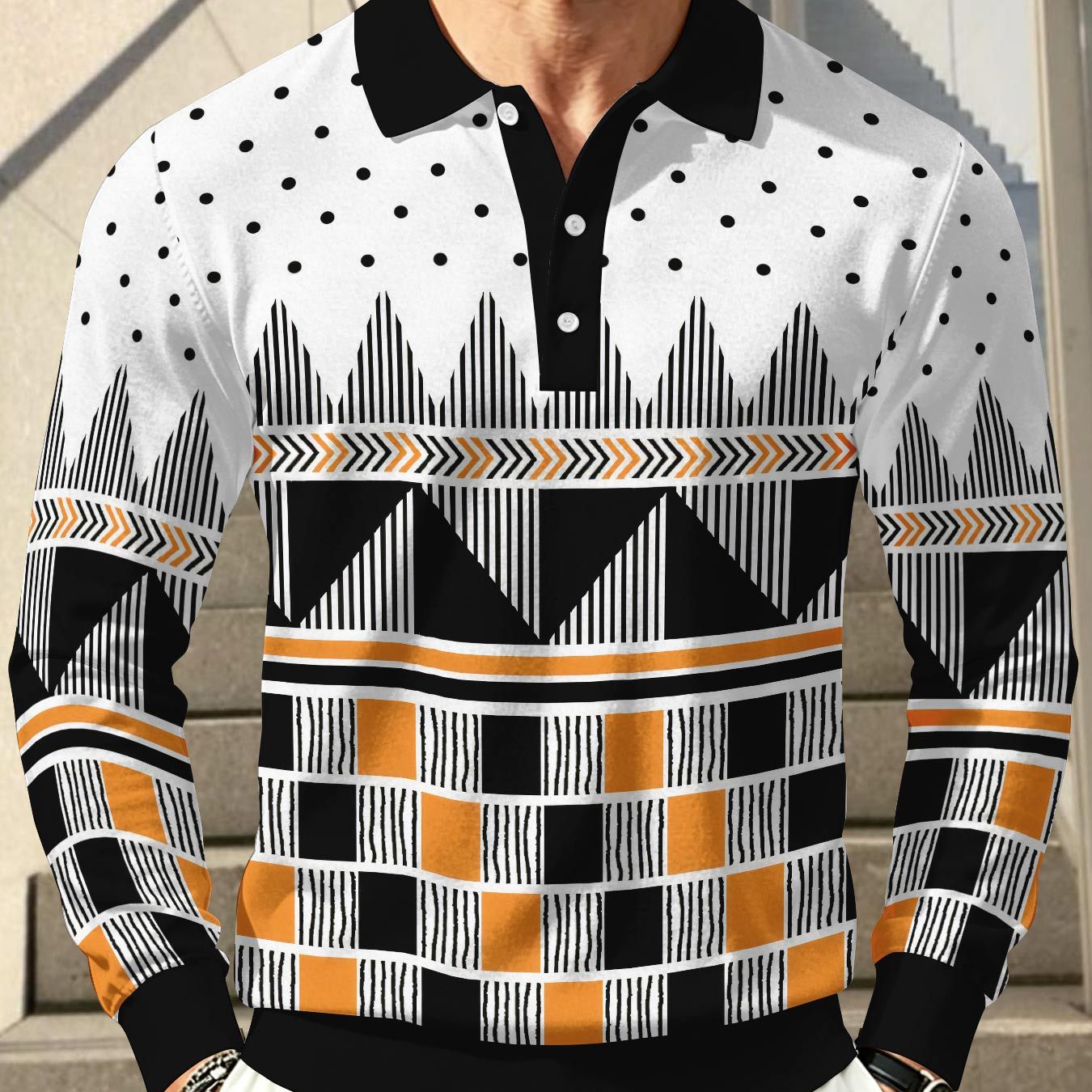 TEMU Color-block Men's Long Sleeve Shirt, Print Lapel 3-button Casual Top, Loose Long Sleeve T-shirt Shirt, Spring Autumn Business Golf All-match