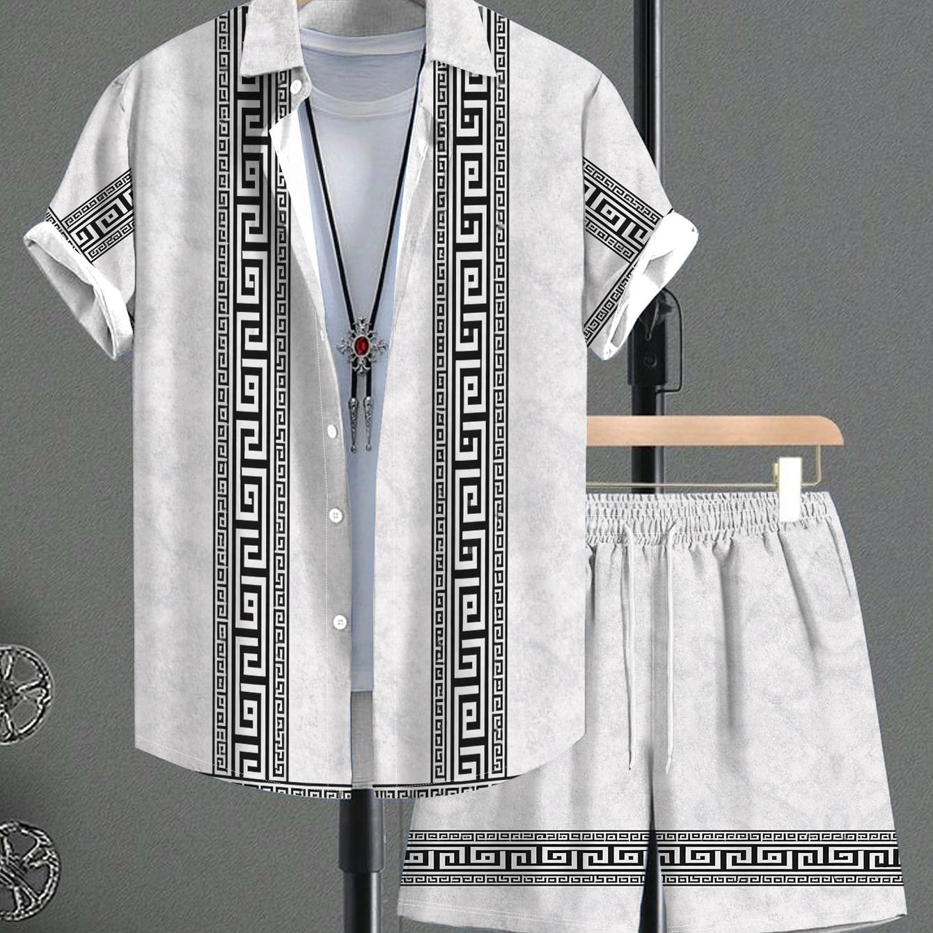 TEMU New Summer Casual Island Print Short-sleeve Shirt + Drawstring Shorts 2pcs Set, Suitable For Daily Summer Wear, Casual , Parties, And Travel