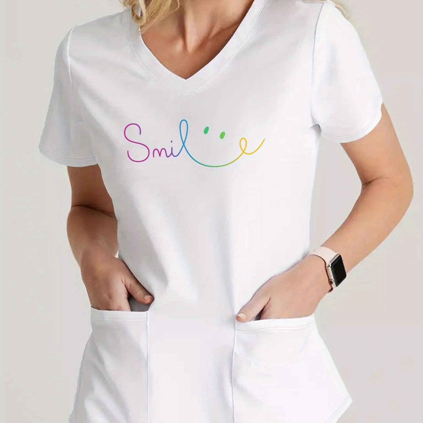 E-shop Krankenschwester V-Ausschnitt Damenmode T-Shirt, Smile, Smile Print V-Ausschnitt Top, Neuer Stil Weiß Match, Individuelles Design