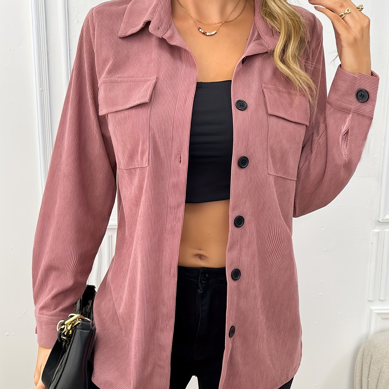 Elegant Casual Solid Color Ribbed Shirt For Women - Long Sleeve, Button-up With Chest Pocket, Light Pink, Perfect For Spring/summer, Spring Fashion Top | Classic Collar Design | Nonelastic Fabric