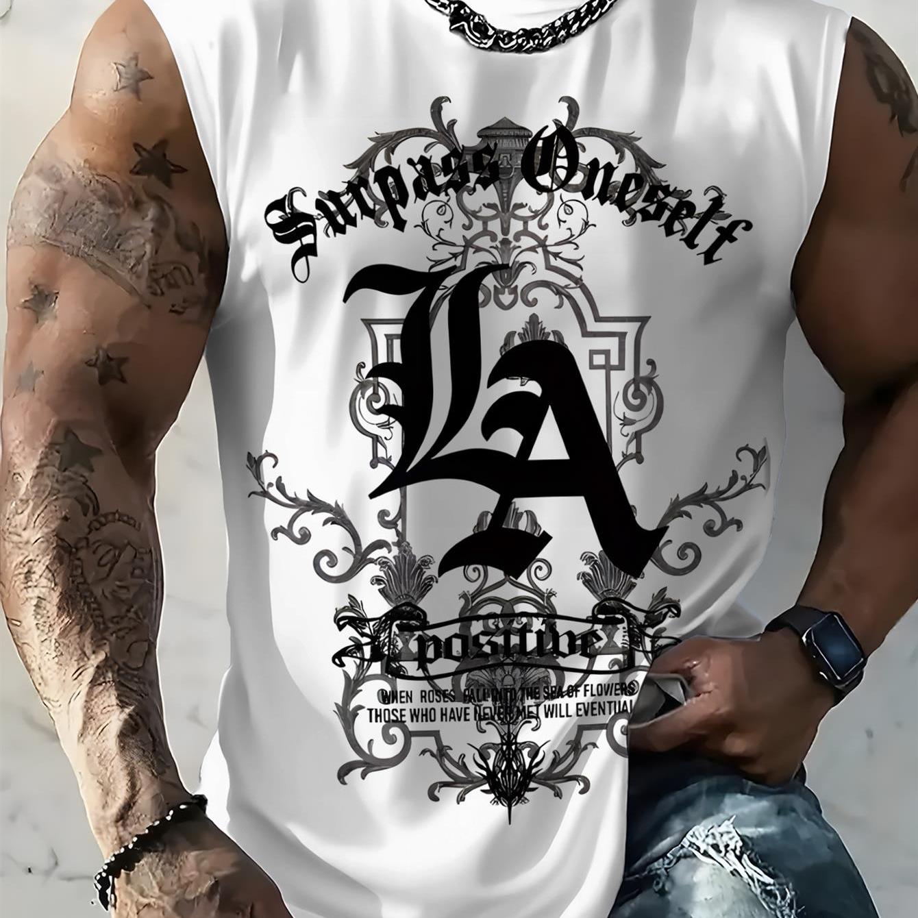 TEMU Men's Casual Vest, With Los Angeles Letter Print, Retro Floral Pattern And Inspirational Slogan, Suitable For Gym Training, Bodybuilding, Casual