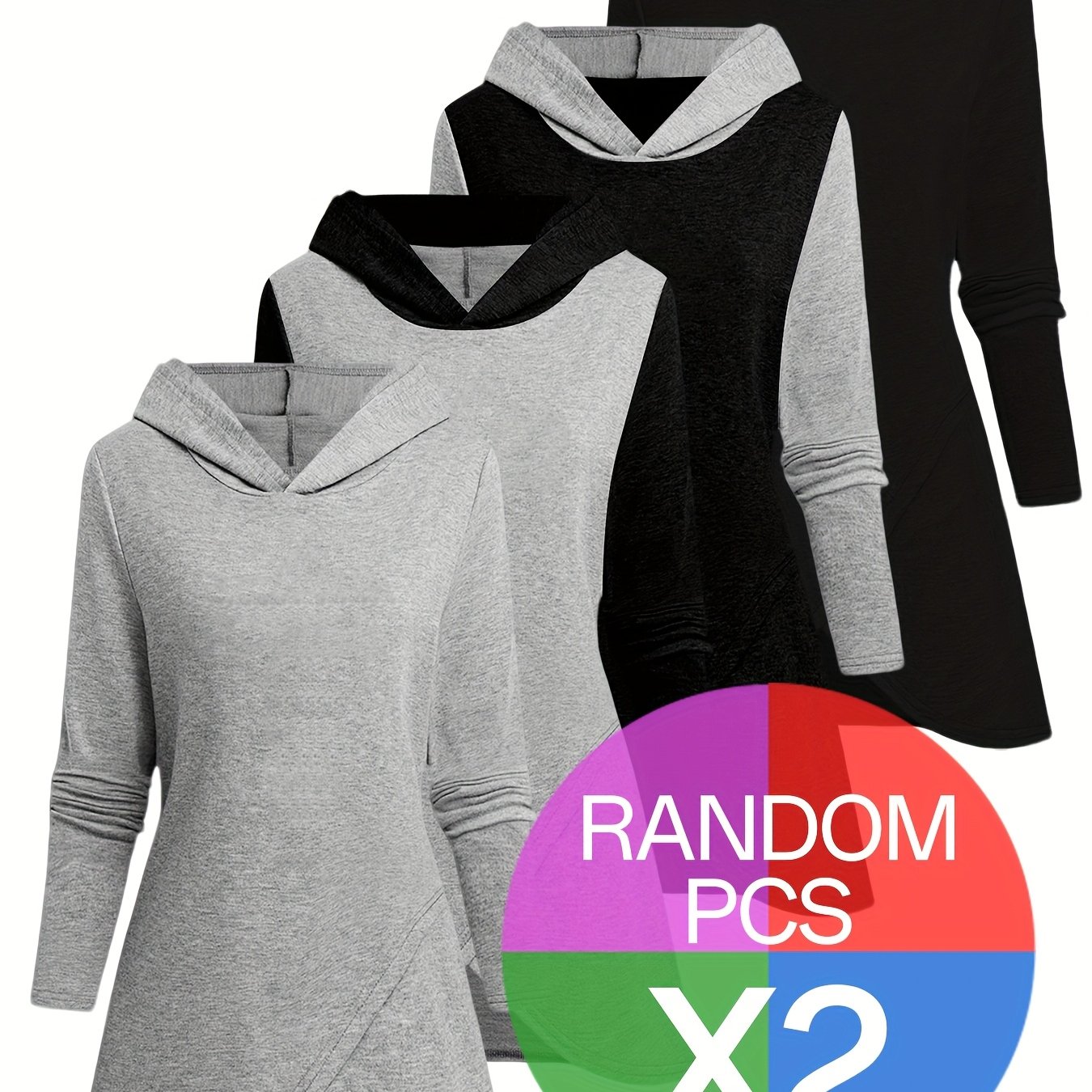 2pcs Random Color Women's Long Sleeve Hooded Long T-shirt