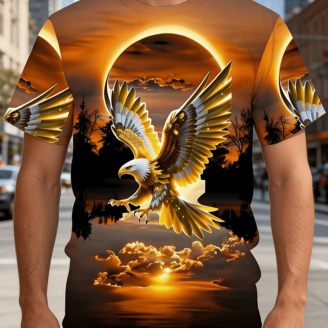 TEMU [printed Design- Not Textured] Plus Sizemen's T-shirt, Featuring A Sunset Eagle Print That Exudes A Powerful Aura, With Warm Tones And Light And