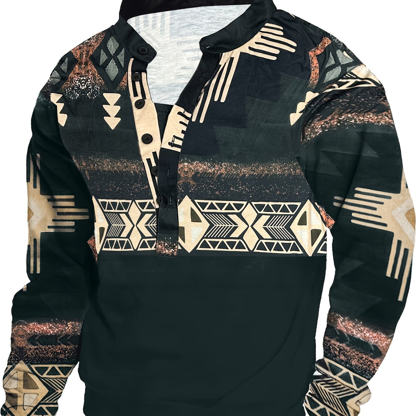 Large Men' Neck Bohemian Style Pattern Printed Casual Ethnic Style Hoodie, Plus Size