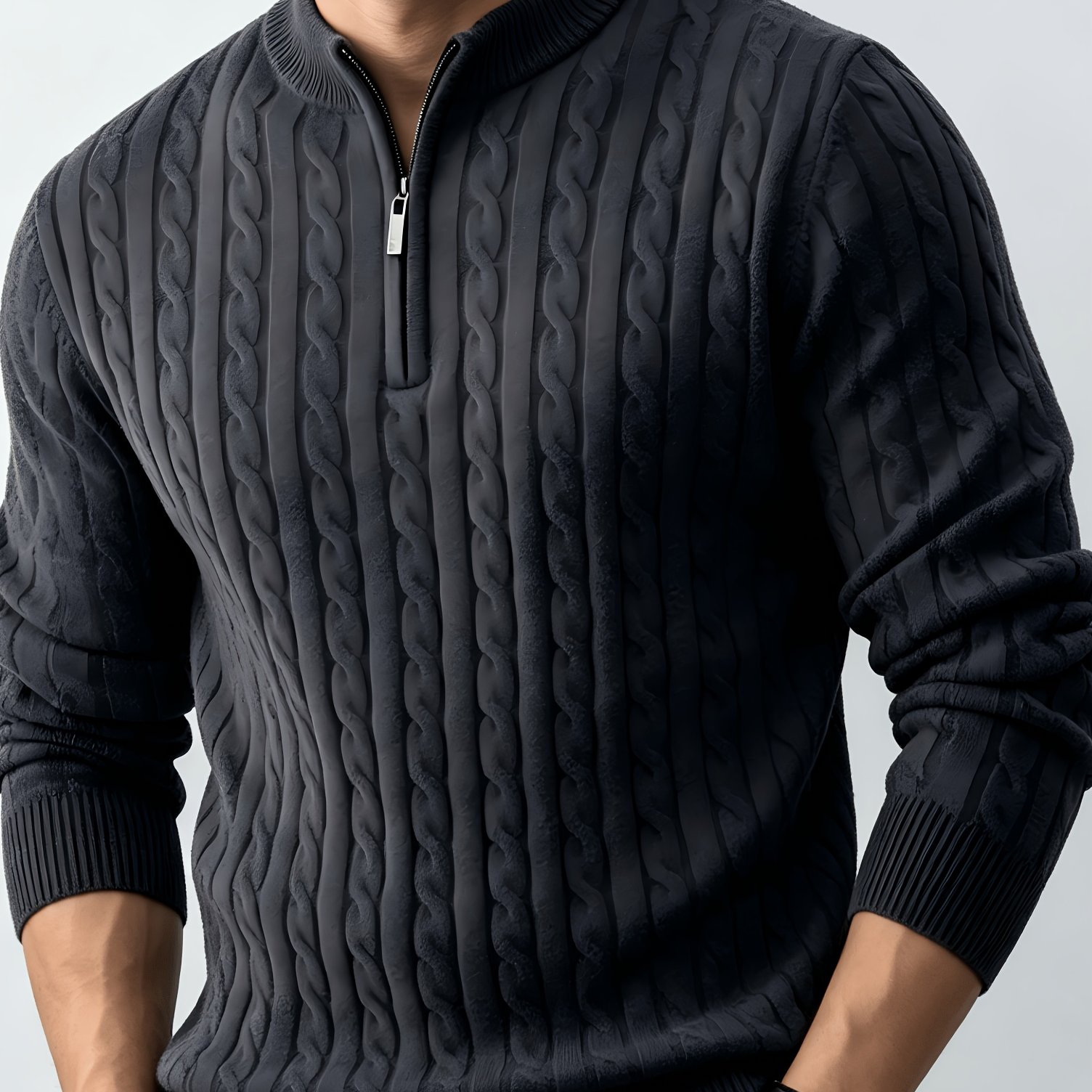 TEMU Men's Relaxed-fit Spring And Autumn Style With A Chic Half-zipper Design For A Casual, -back Look. The Exquisite Cable-knit Texture Adds A
