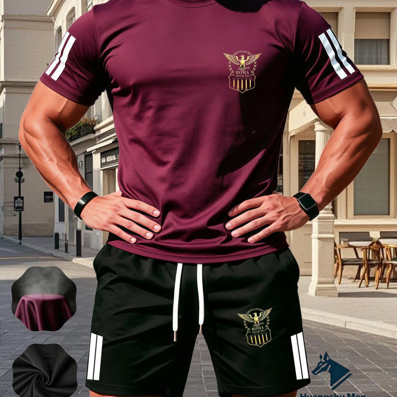 TEMU Men's 2pcs Sportswear Set, Including A Short-sleeve T-shirt And Shorts, Features A Golden Roman Eagle Emblem On And Leg Cuffs, With The "roma "