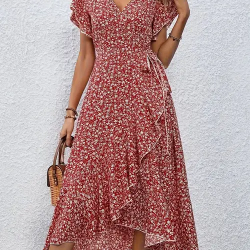 womens summer floral long dress with v neck elegant short sleeve a line skirt split hem bohemian beach party evening casual retro dress mothers day long dress
