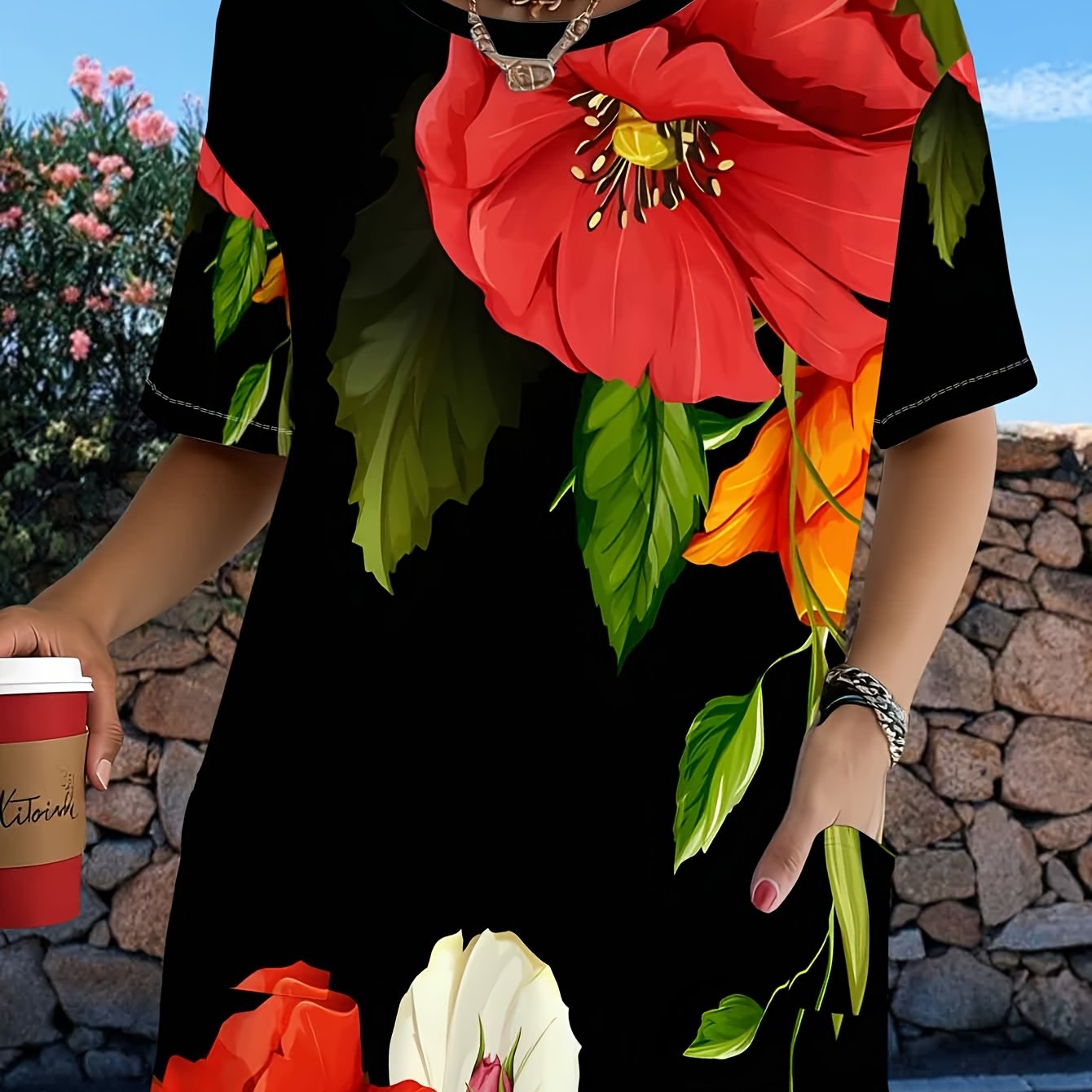 TEMU 1pc Large Size Women's T-shirt With Vibrant Floral Print, Short Sleeve, Loose Fit, Suitable For Daily Commuting, Casual Gatherings, Beach