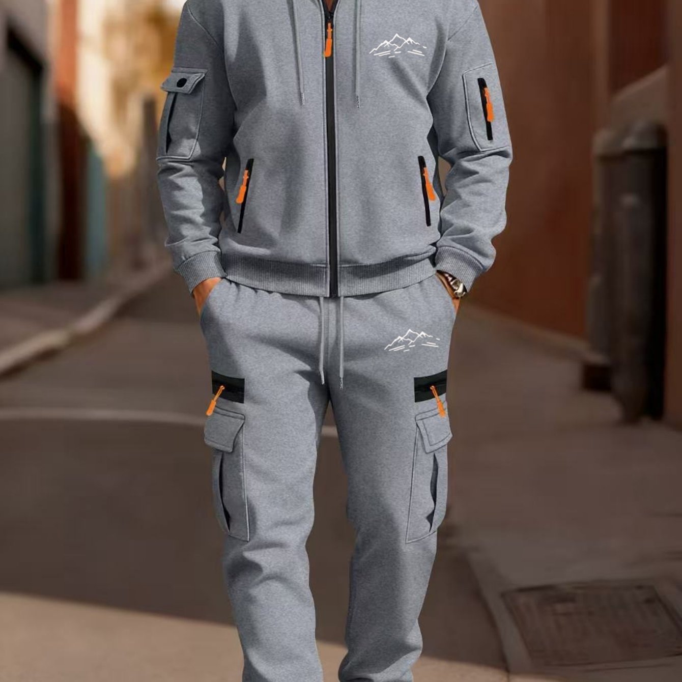 TEMU Men's Mountain Print Workwear Set: Zip-up Hooded Sweatshirt And Multi-pocket Jogger Pants 2pcs Set