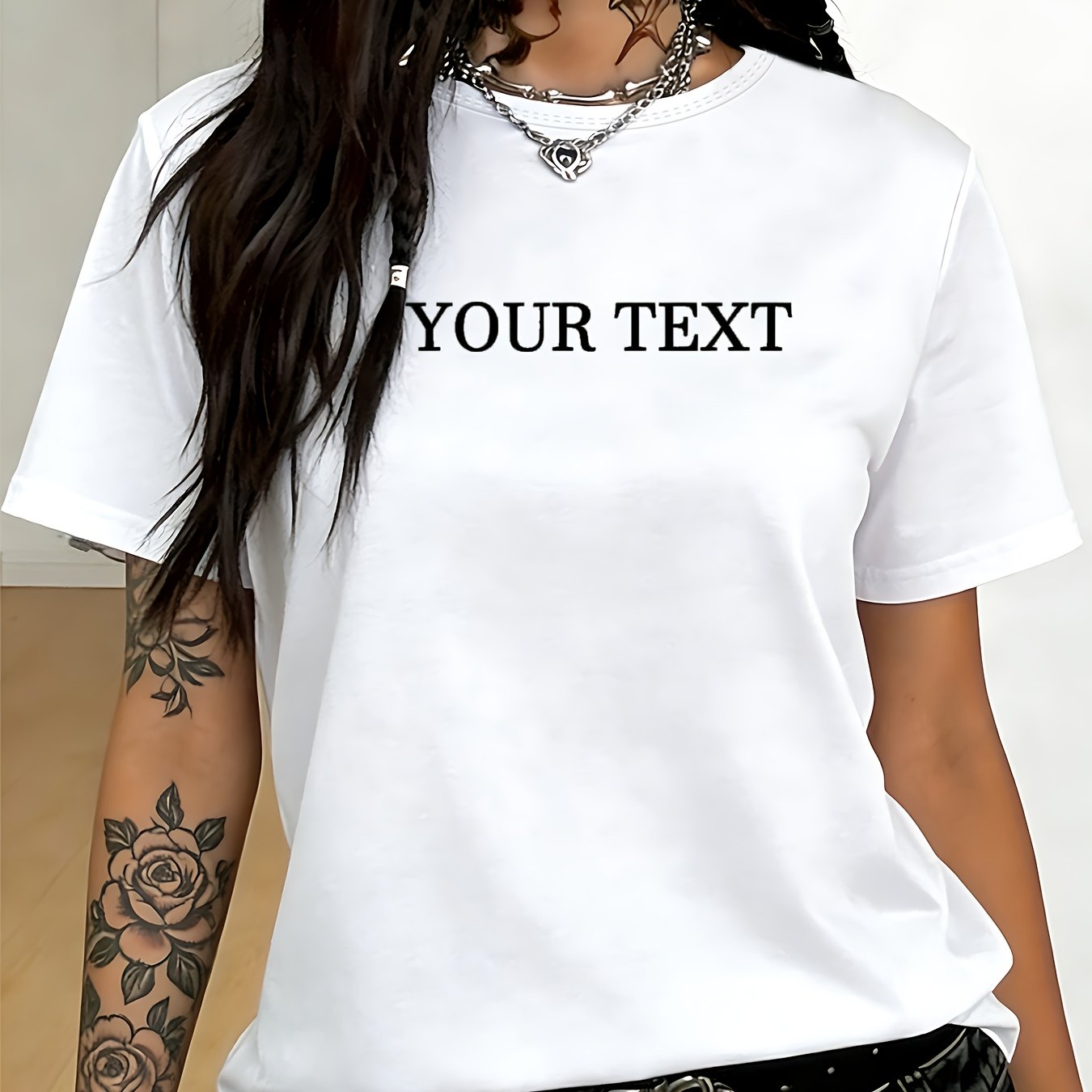 TEMU Custom Women's Round Neck T-shirt, Personalized Custom Text Comfortable Short Sleeve