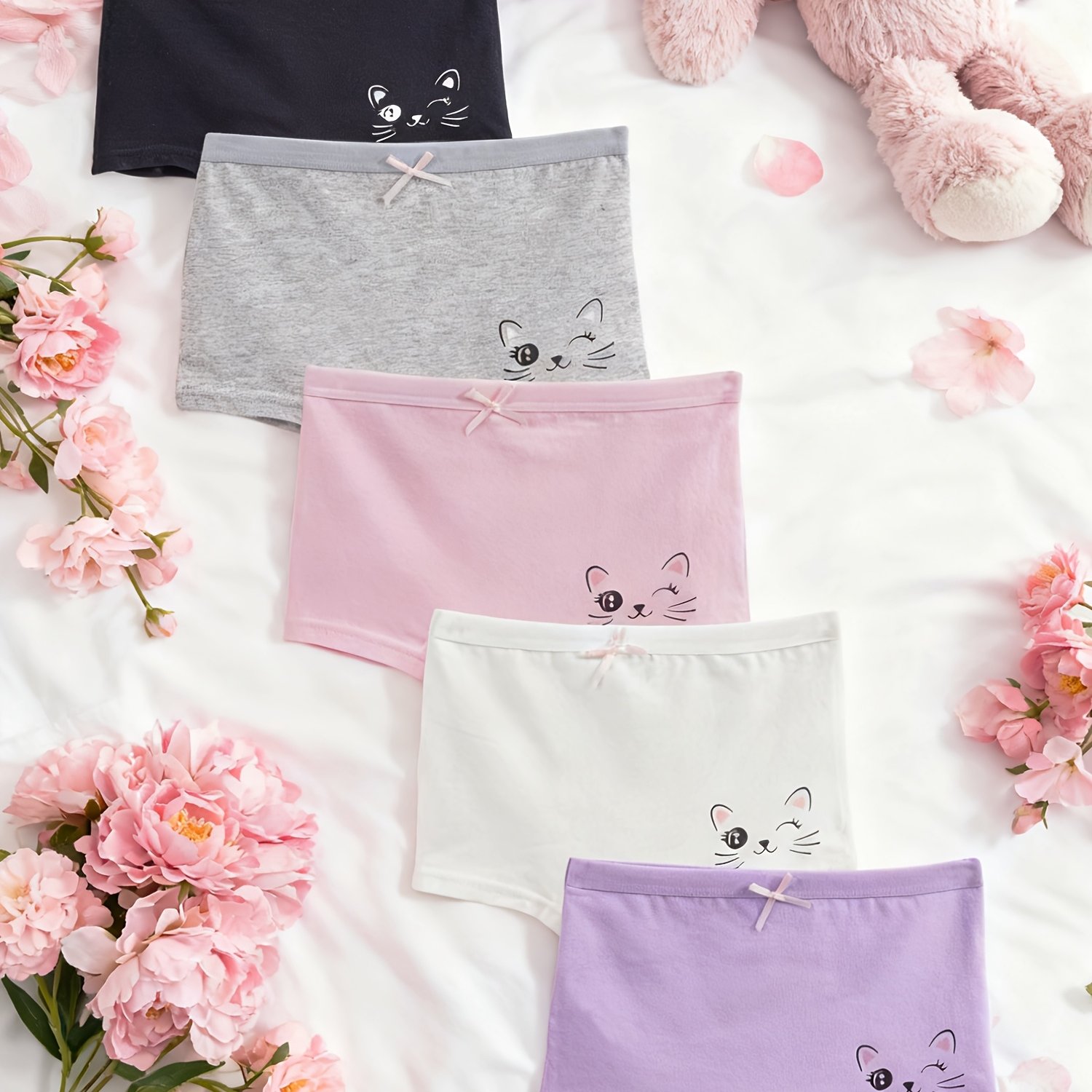 Image of 5pcs Set Of Adorable Cat Print Girl's Boxer Briefs, Comfortable And Soft Girls' Underwear In 5 Colors, Suitable For